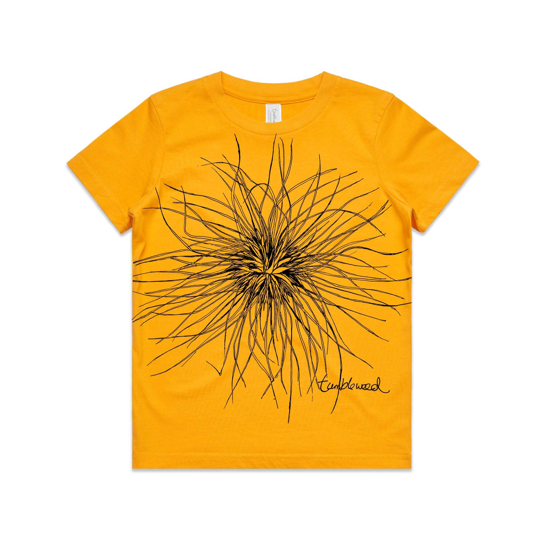 Gold, cotton kids' t-shirt with screen printed Kids tumbleweed/spinifex design.