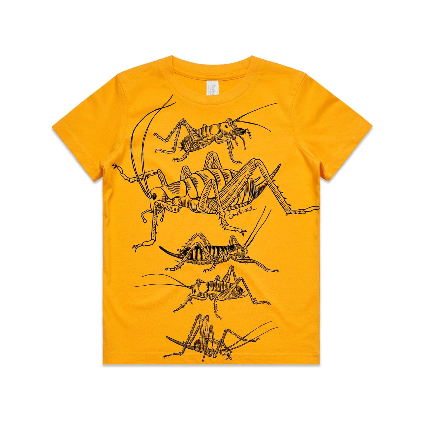 Gold, cotton kids' t-shirt with screen printed weta design.