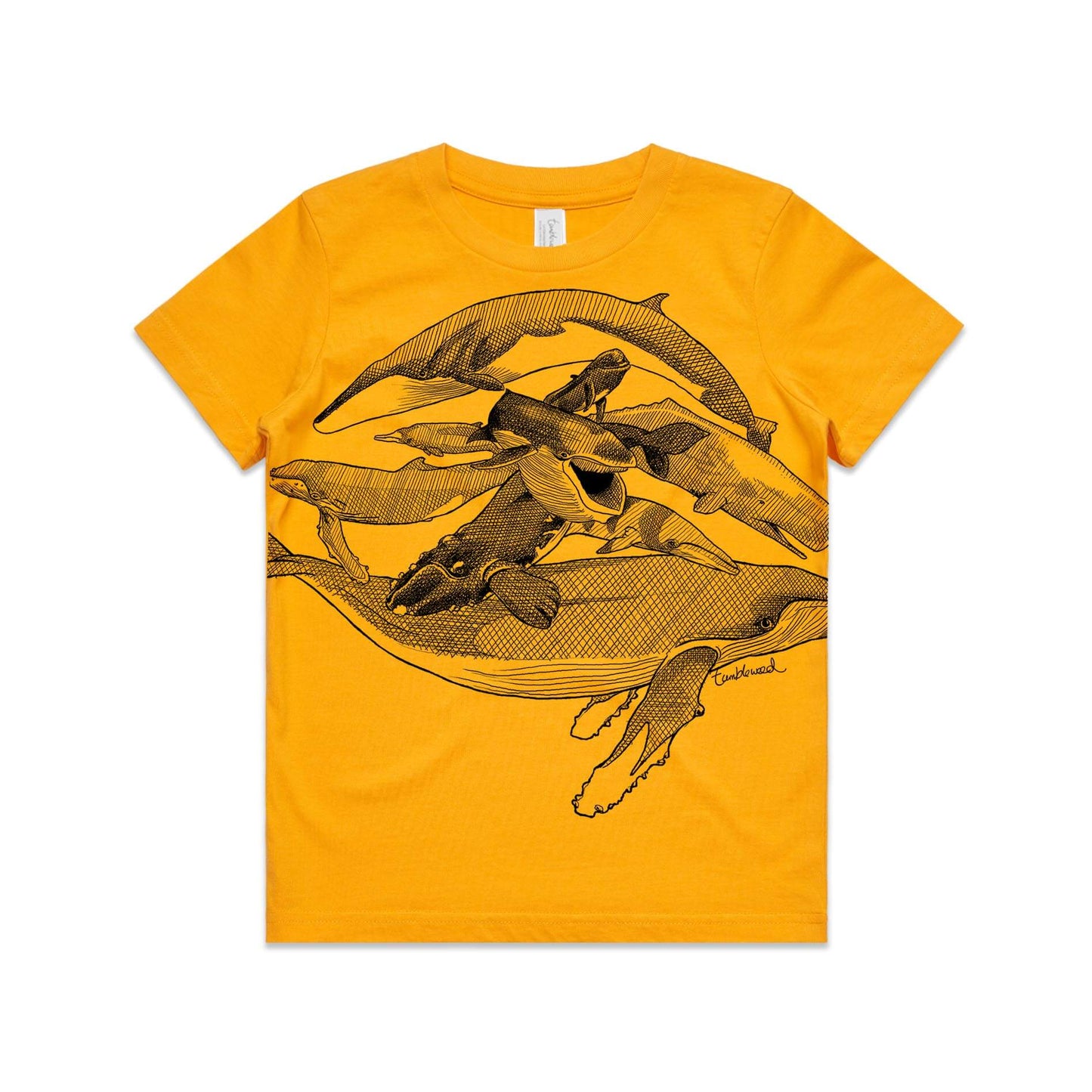 Gold, cotton kids' t-shirt with screen printed Kids whales design.