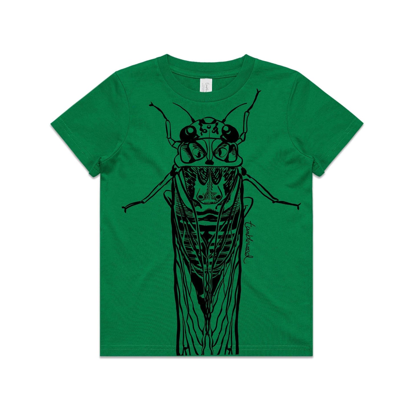 Green, cotton kids' t-shirt with screen printed cicada/kihikihi-wawā design.