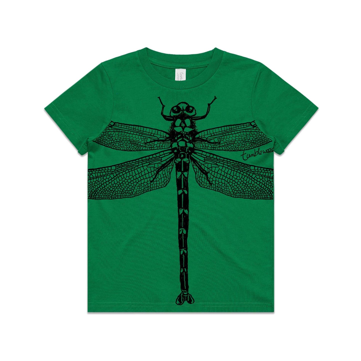 Green, cotton kids' t-shirt with screen printed Kids dragonfly design.