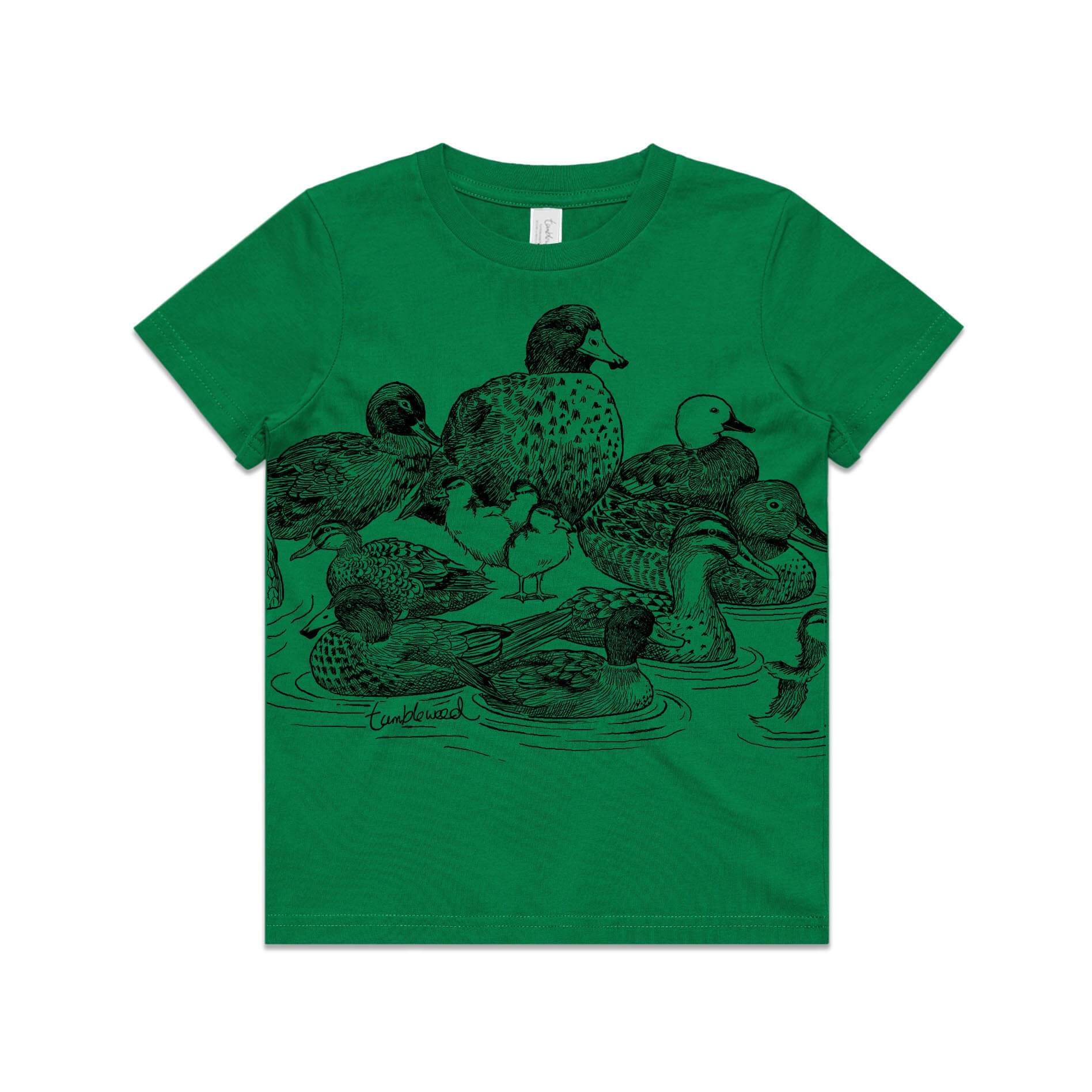 Green, cotton kids' t-shirt with screen printed ducks  design.