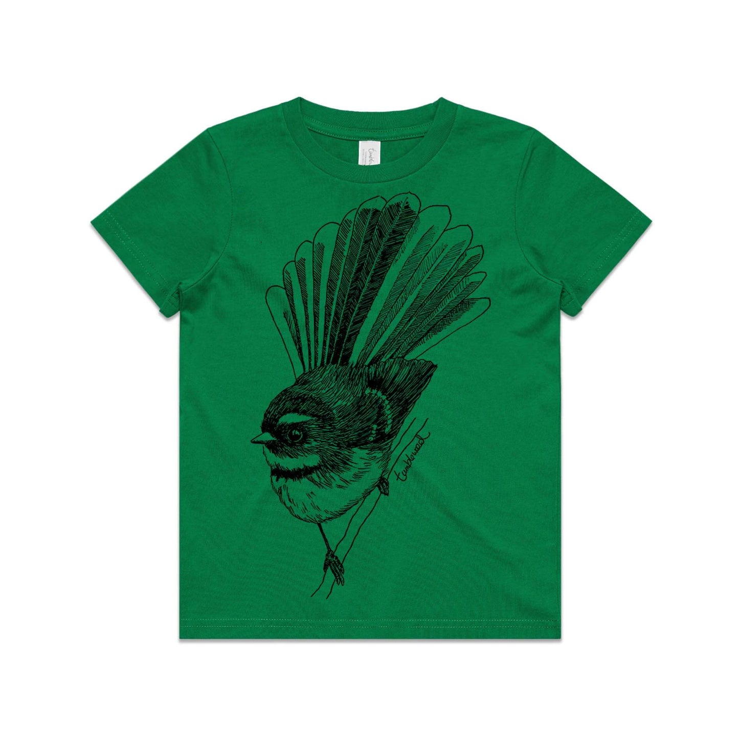 Green, cotton kids' t-shirt with screen printed fantail/piwakawaka design.