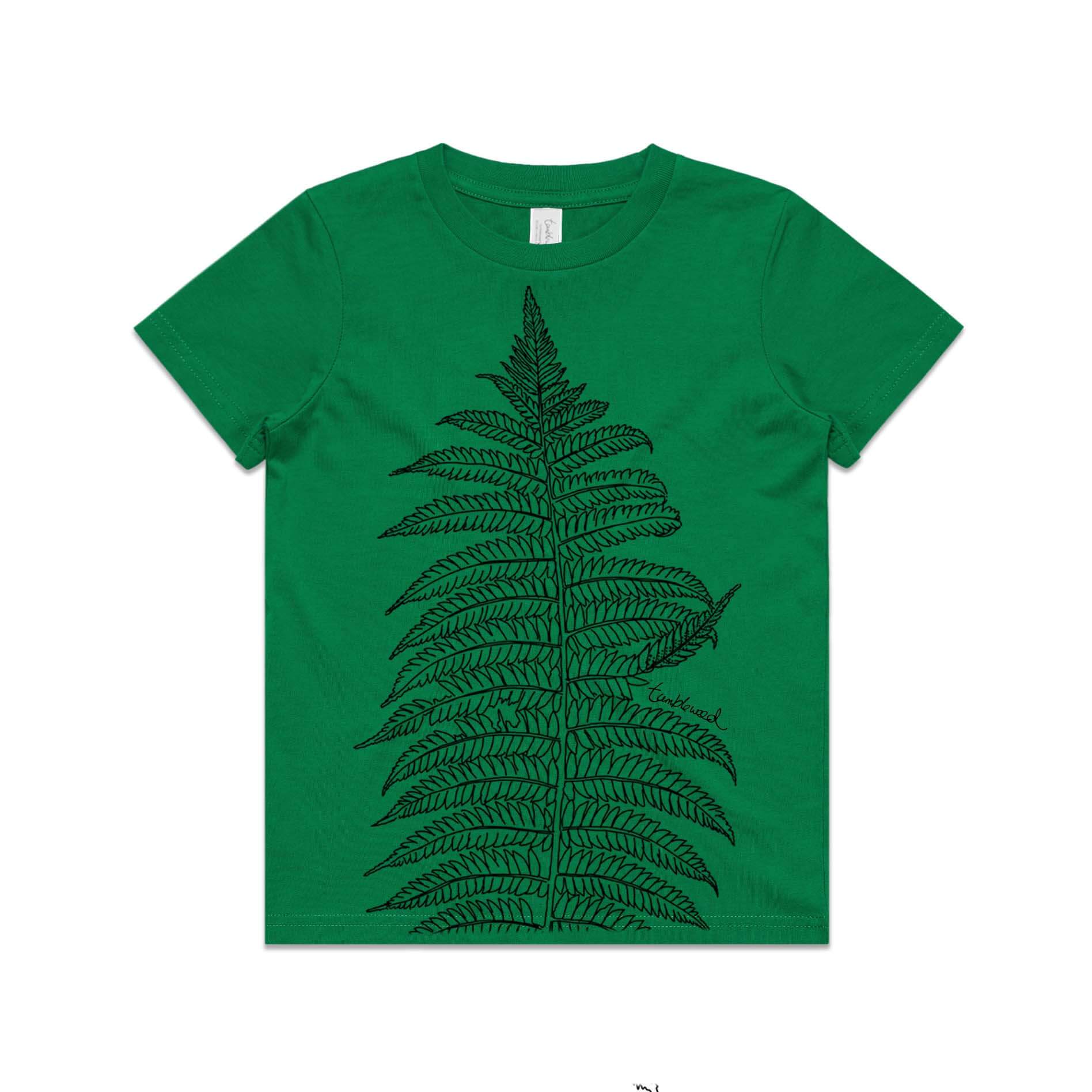 Green, cotton kids' t-shirt with screen printed Silver fern/ponga design.