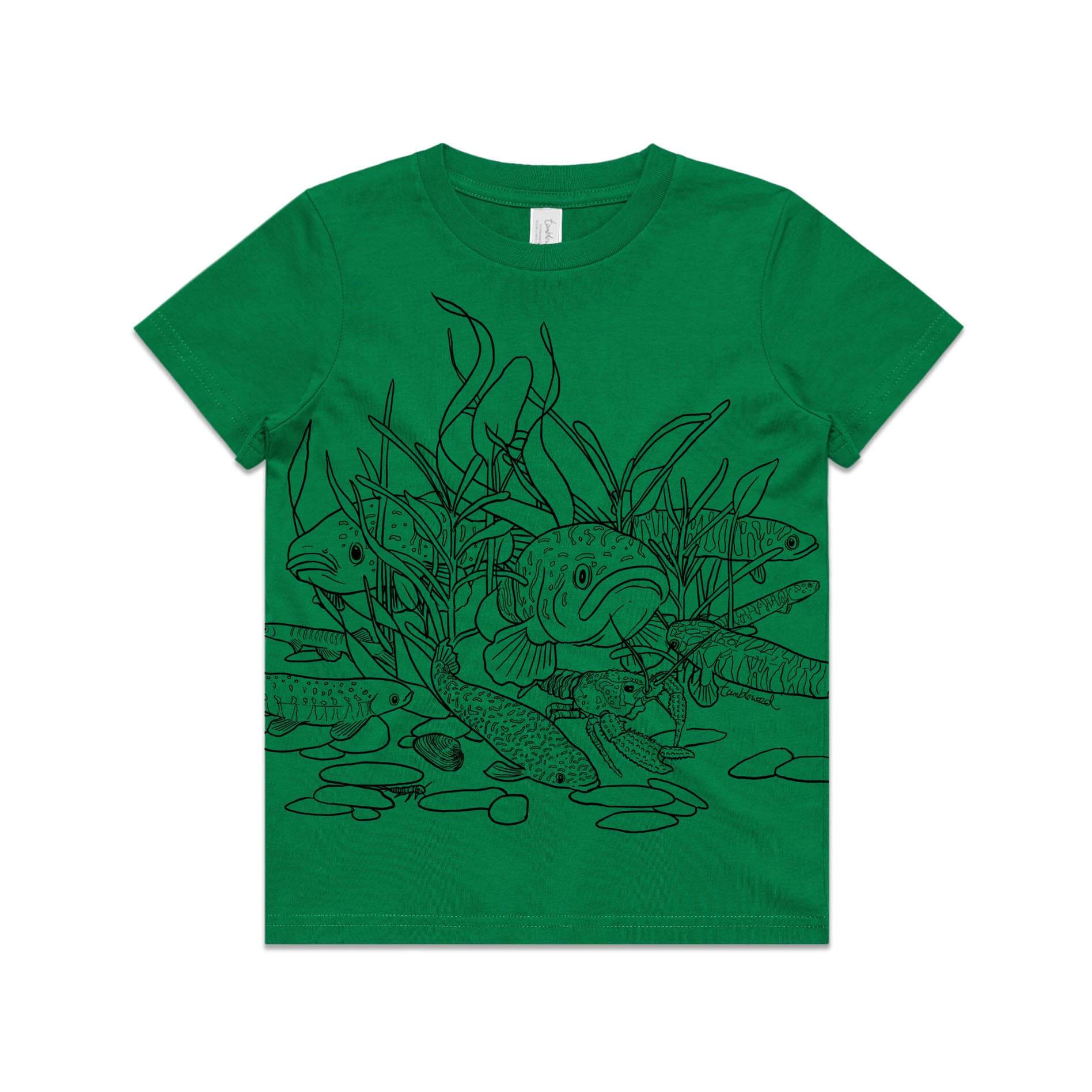 Green, cotton kids' t-shirt with screen printed freshwater fish design.