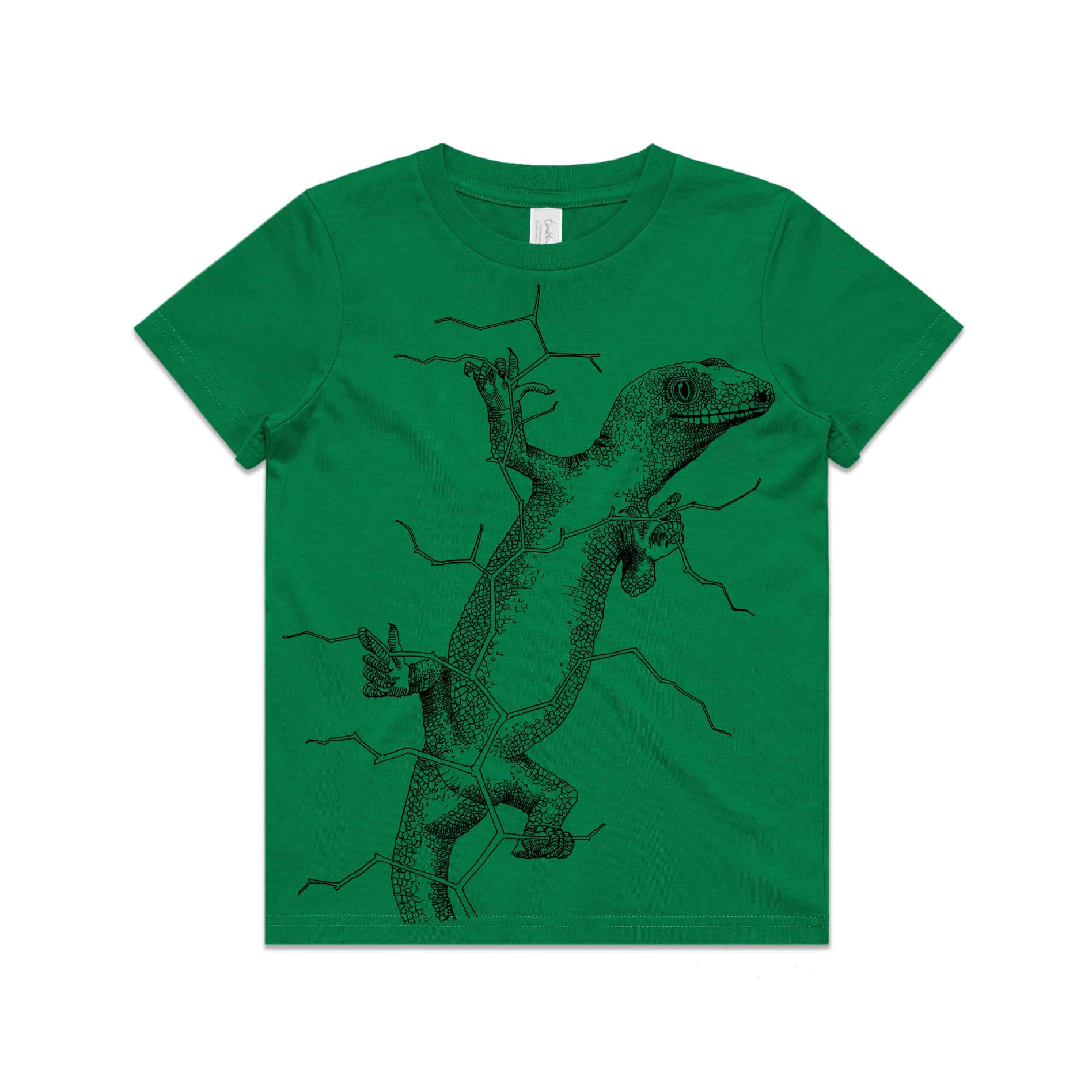 Green, cotton kids' t-shirt with screen printed gecko design.