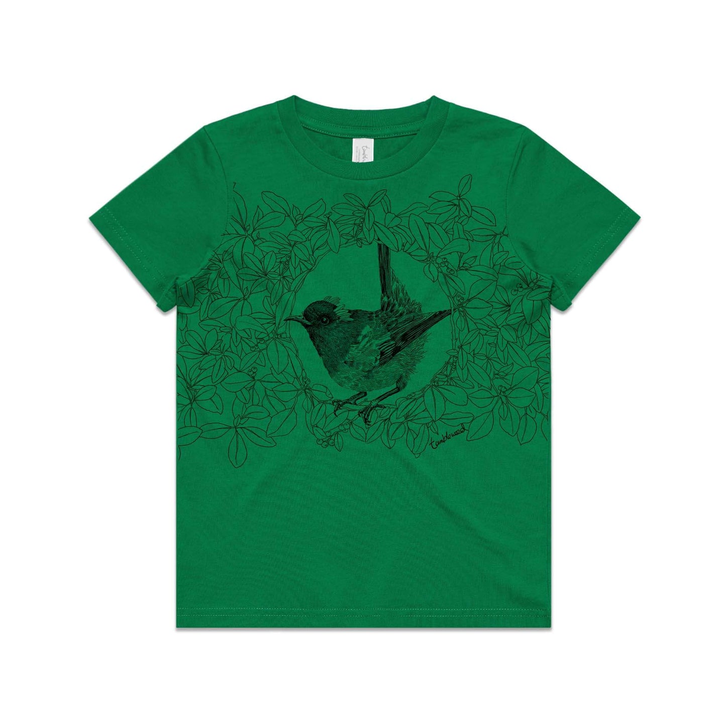 Green, cotton kids' t-shirt with screen printed Kids hihi/stitchbird design.