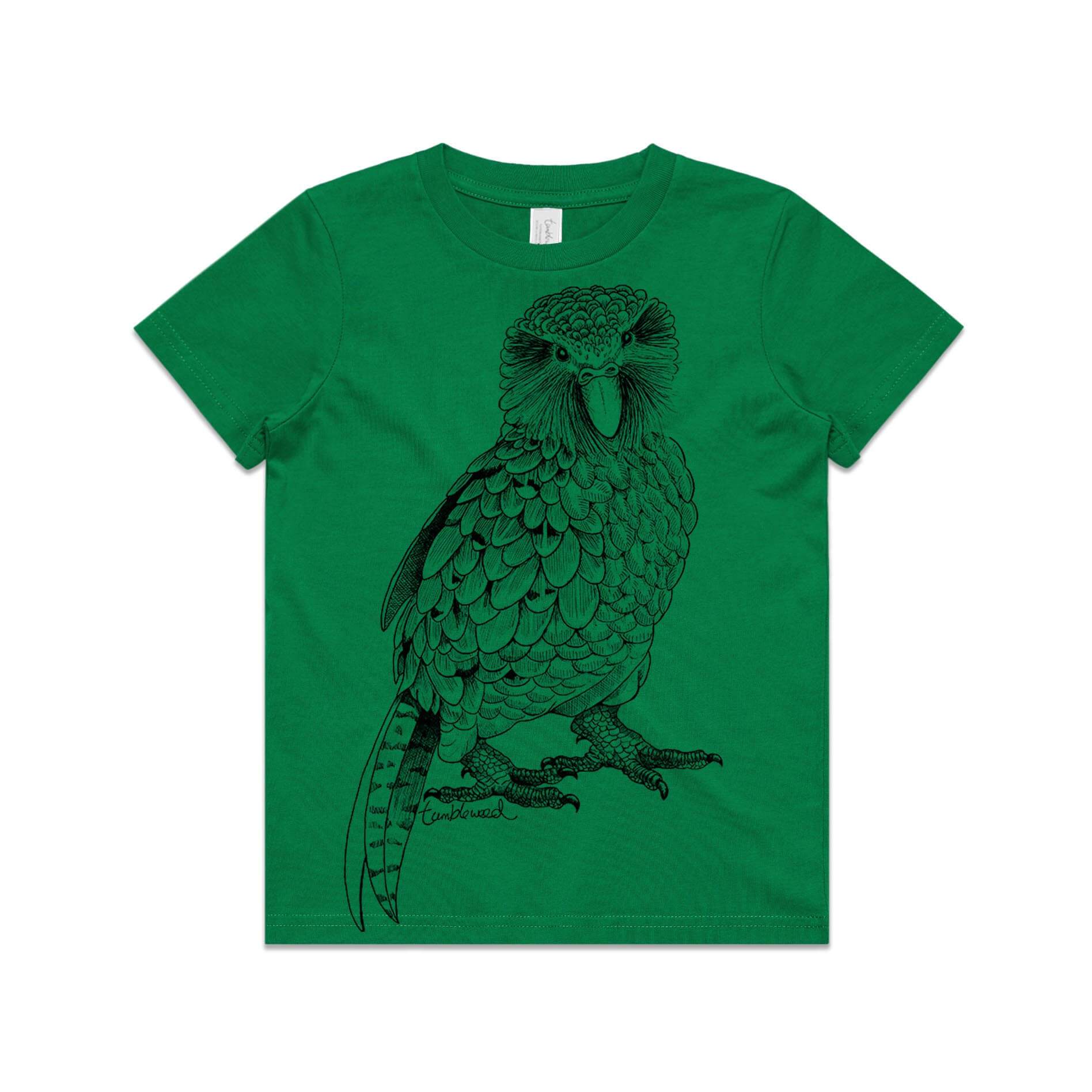 Green, cotton kids' t-shirt with screen printed Kids Kākāpō design.