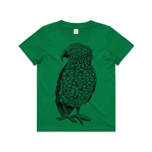 Green, cotton kids' t-shirt with screen printed Kids kea design.