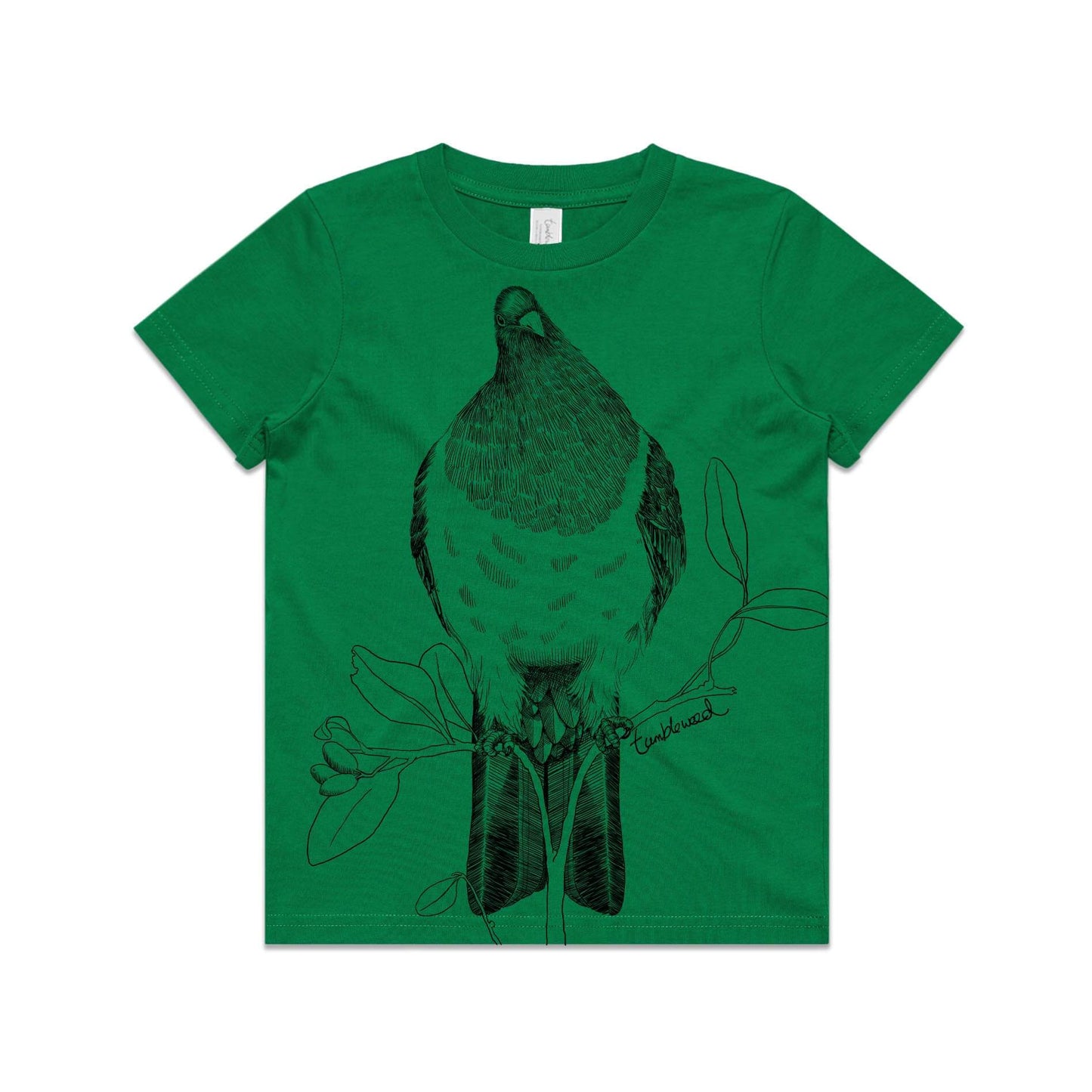 Green, cotton kids' t-shirt with screen printed kererū design.
