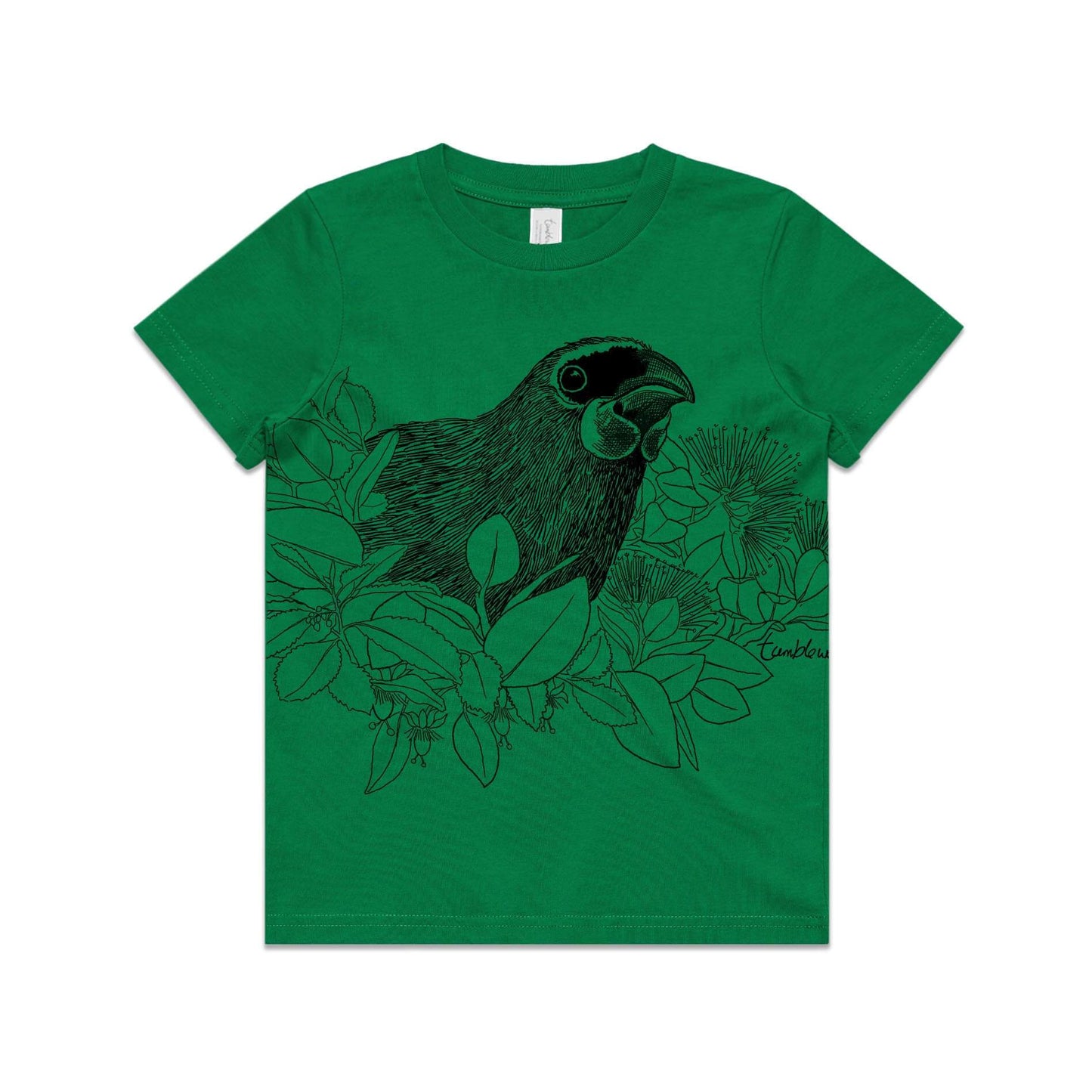Green, cotton kids' t-shirt with screen printed Kids kōkako design.