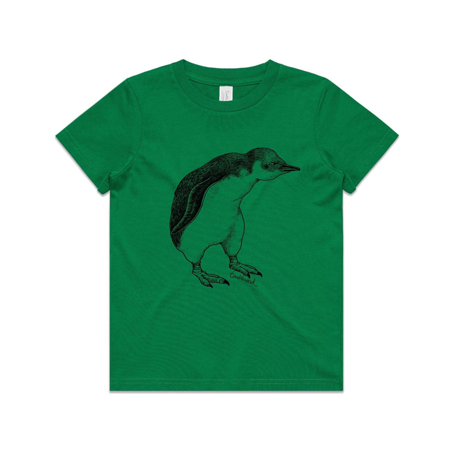 Green, cotton kids' t-shirt with screen printed Kids kororā/little penguin design.