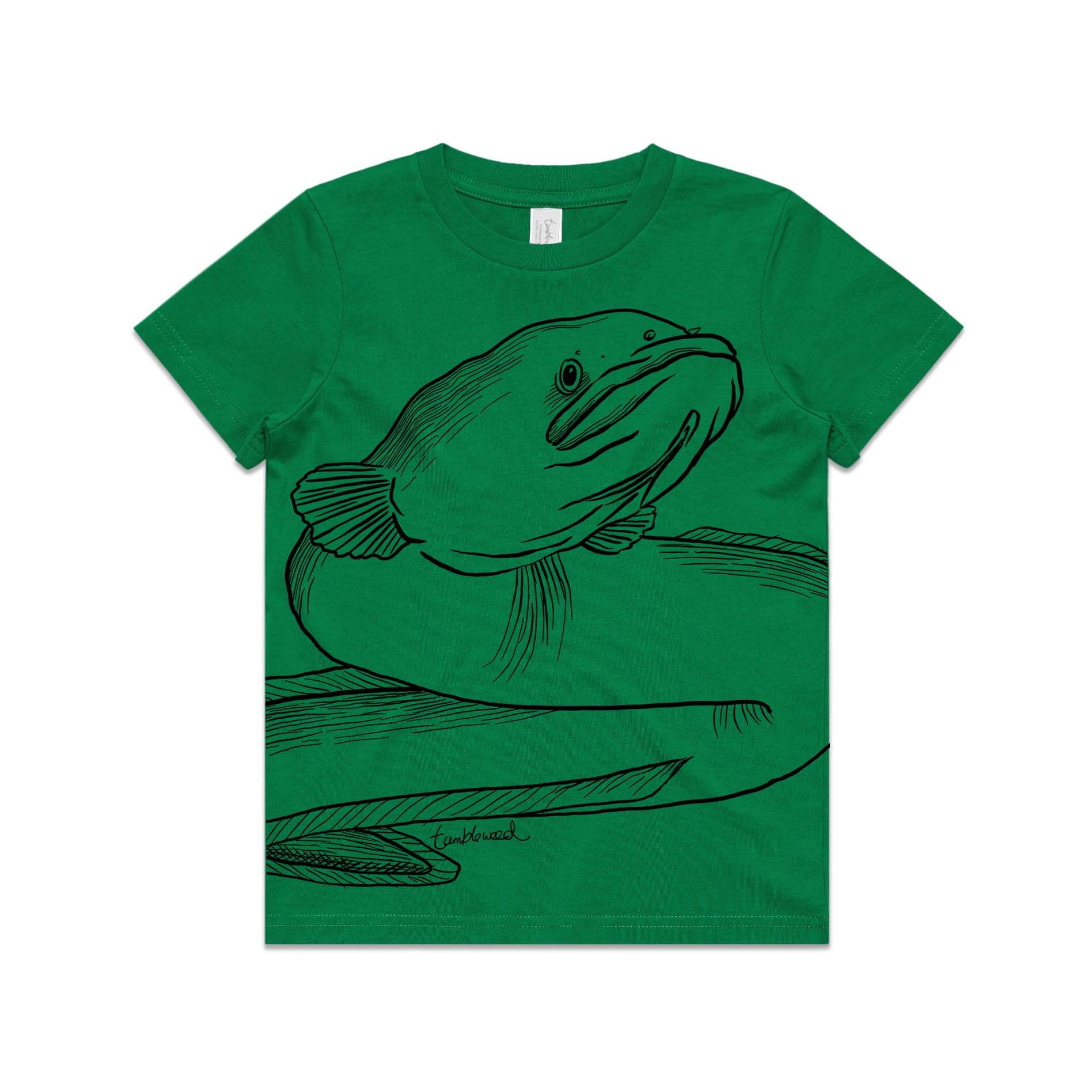 Green, cotton kids' t-shirt with screen printed Long fin eel/tuna design.