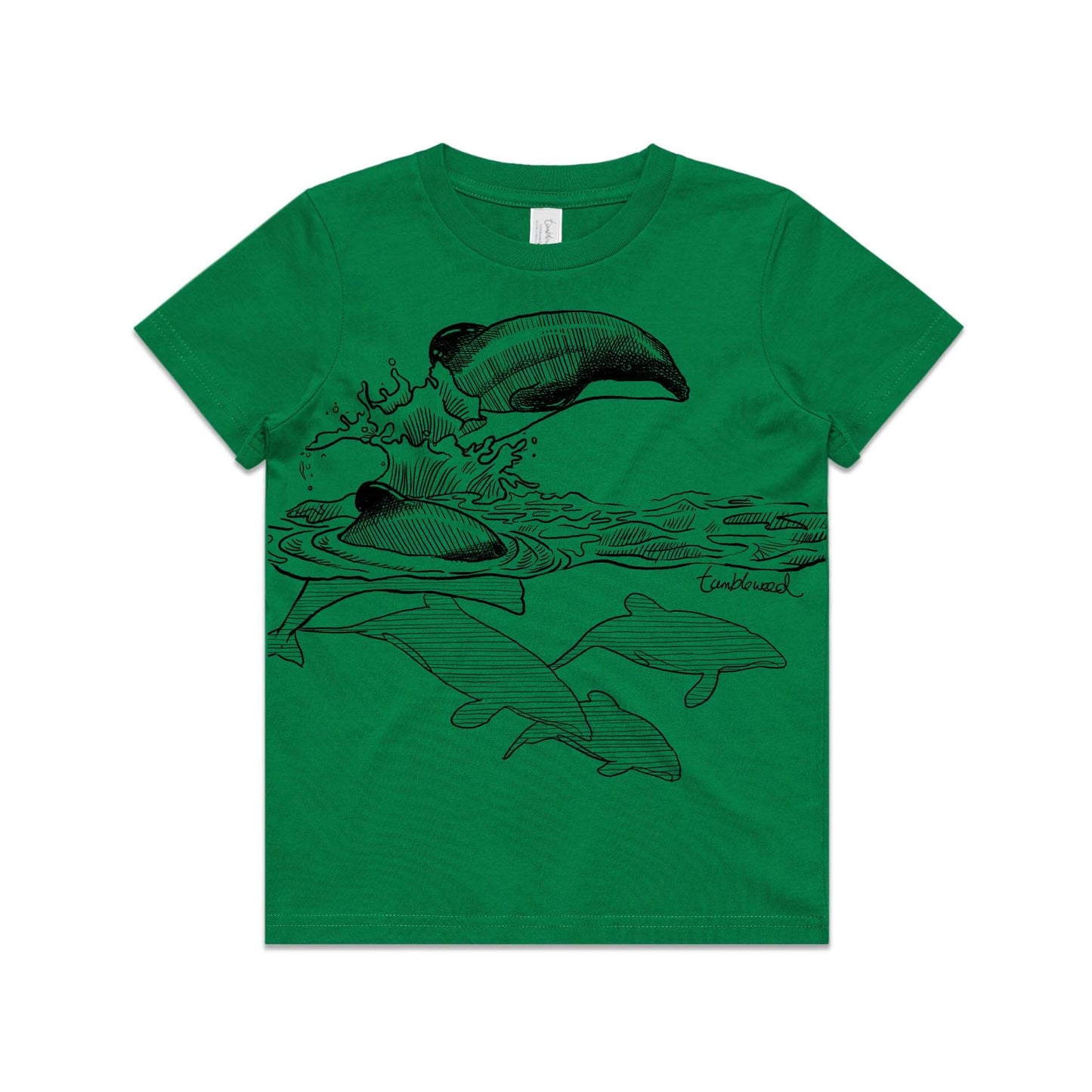 Green, cotton kids' t-shirt with screen printed ducks maui dolphin design.
