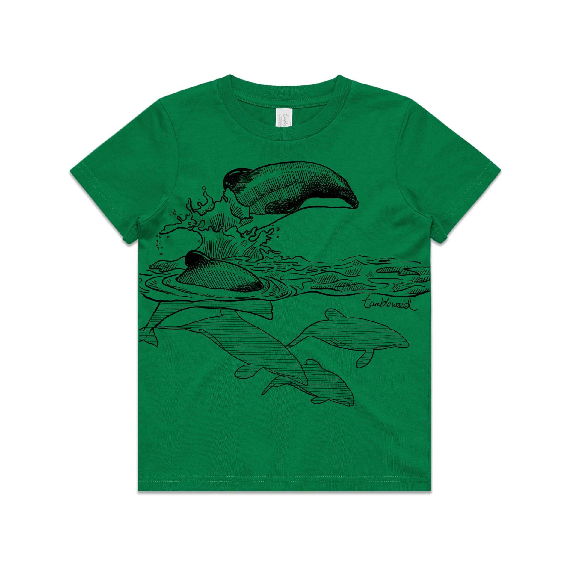 Green, cotton kids' t-shirt with screen printed ducks maui dolphin design.