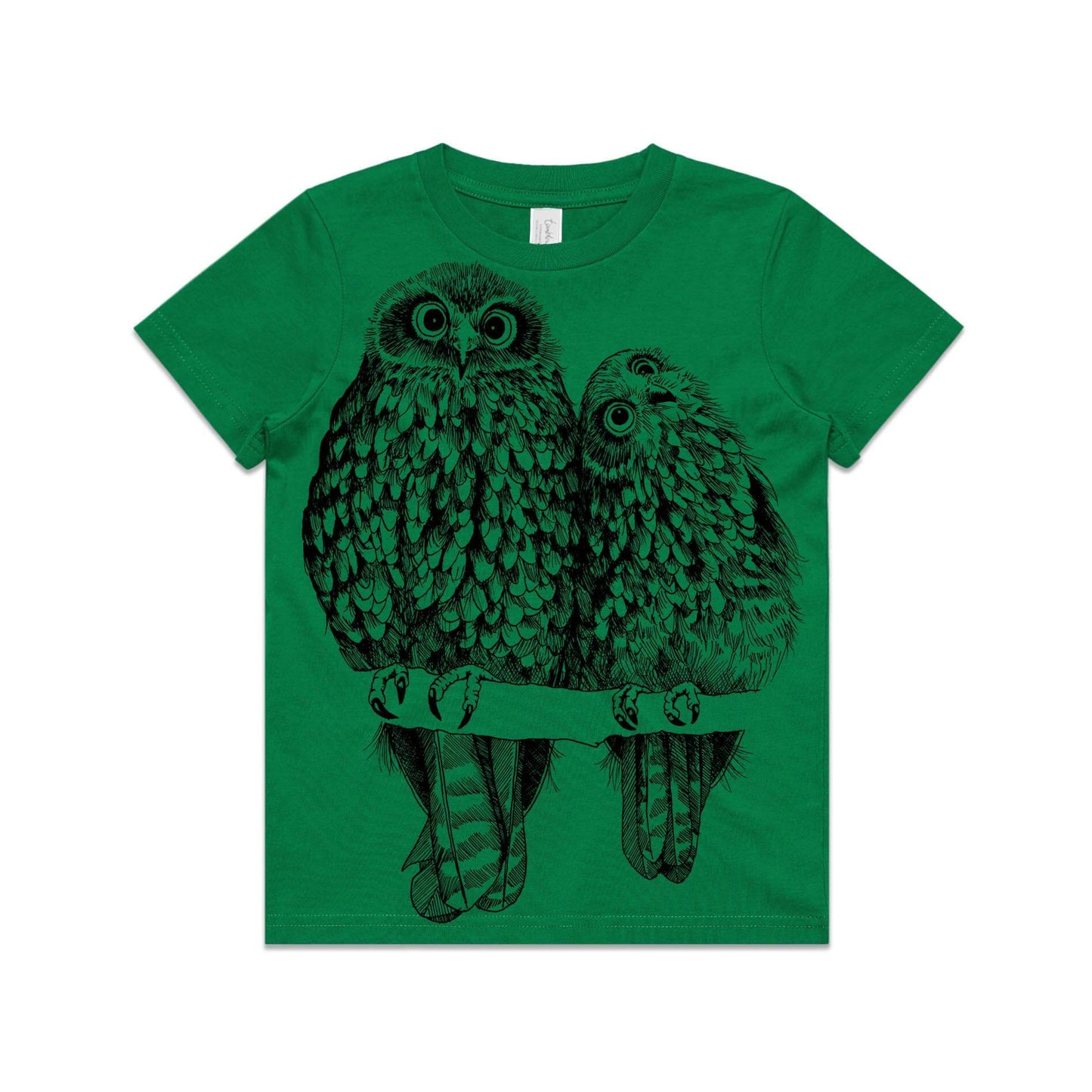 Green, cotton kids' t-shirt with screen printed Kids Morepork/Ruru design.