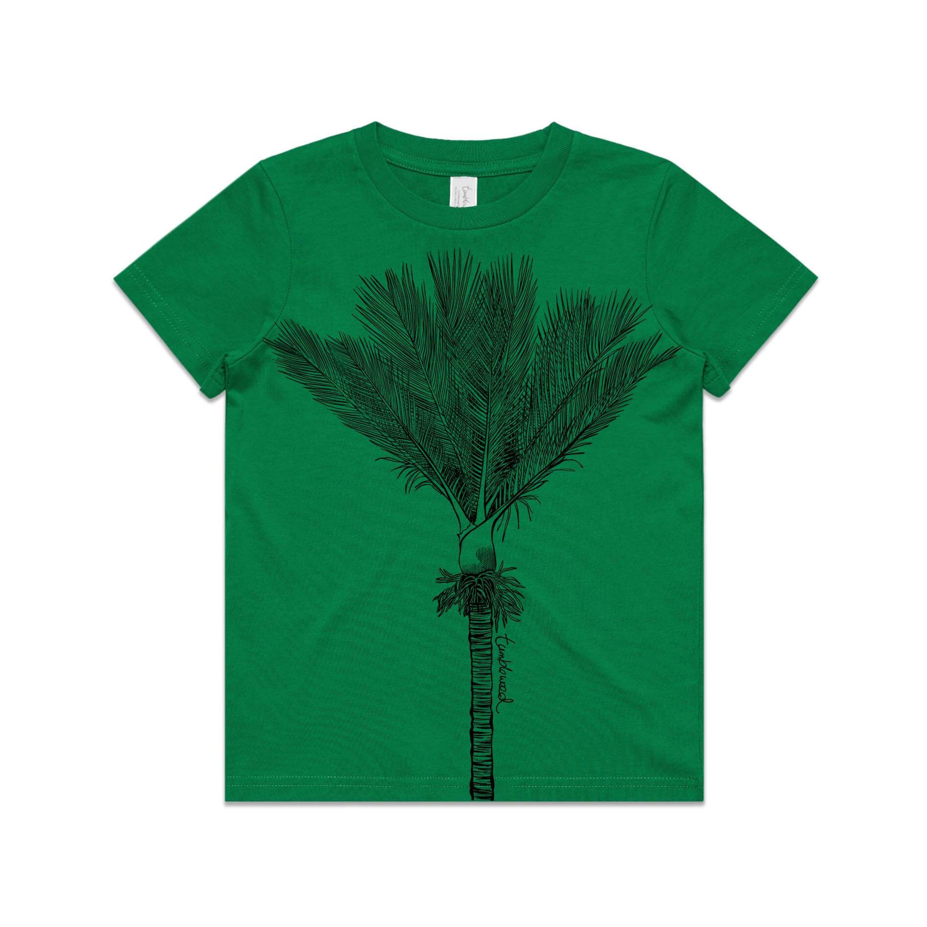 Green, cotton kids' t-shirt with screen printed nīkau design.