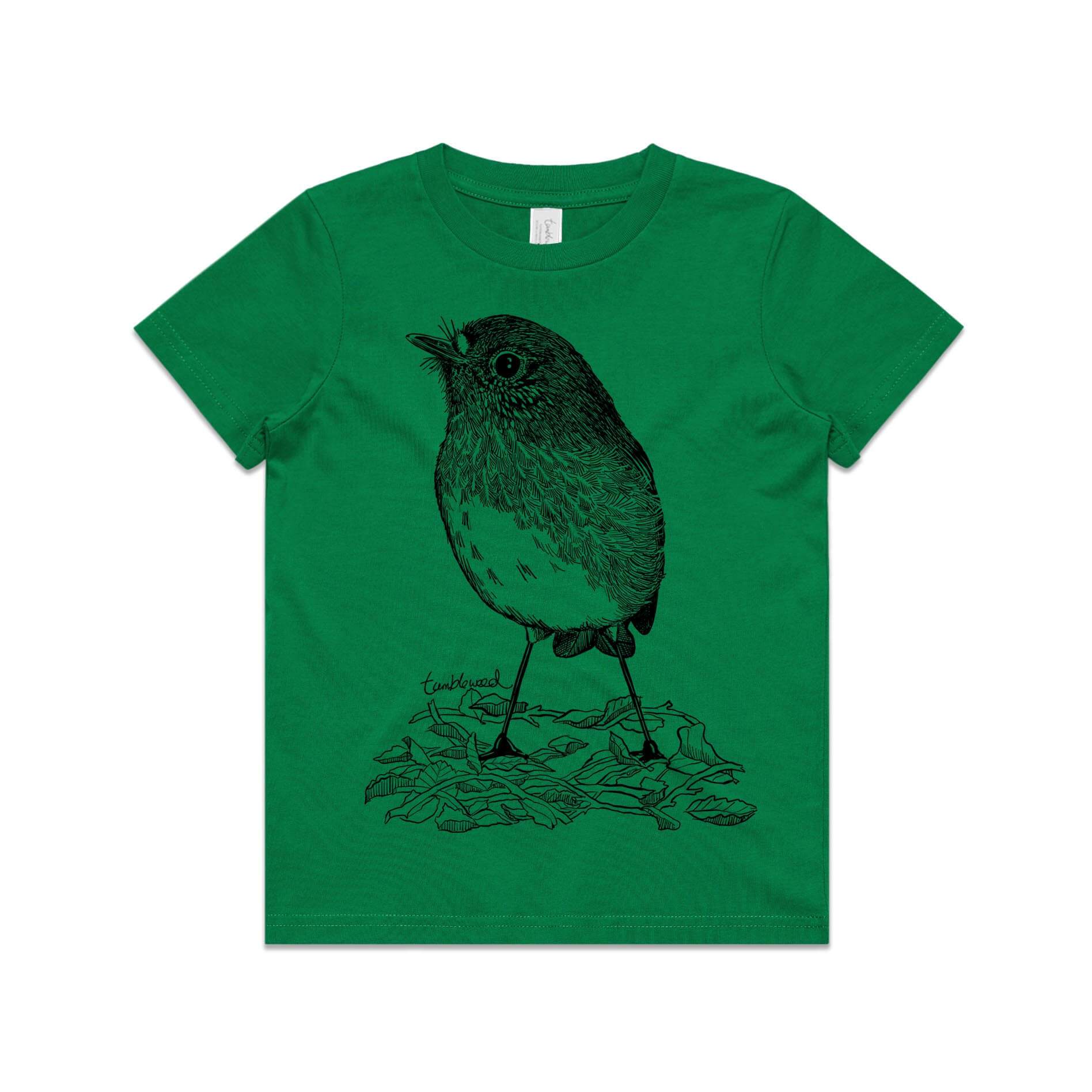 Green, cotton kids' t-shirt with screen printed North Island robin/toutouwai design.