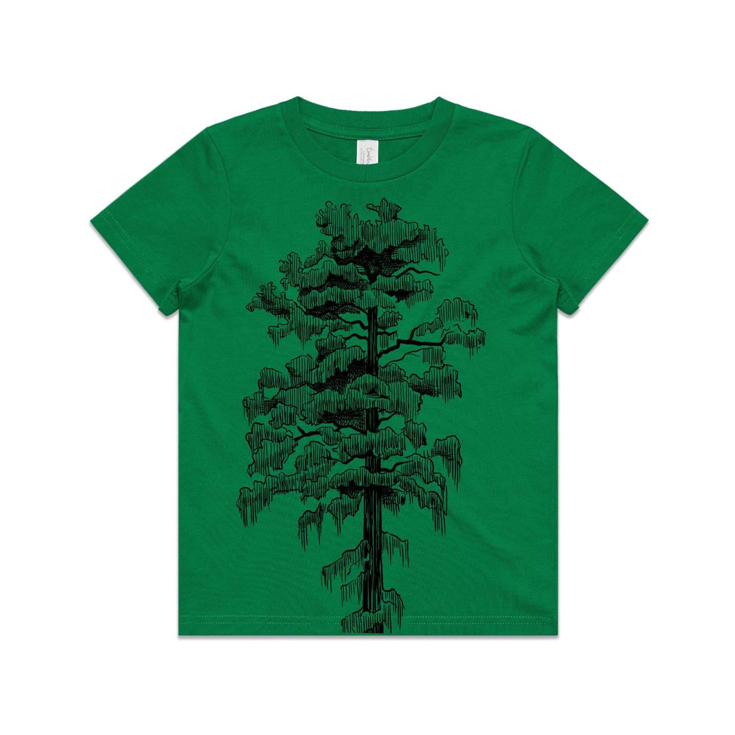 Green, cotton kids' t-shirt with screen printed rimu design.