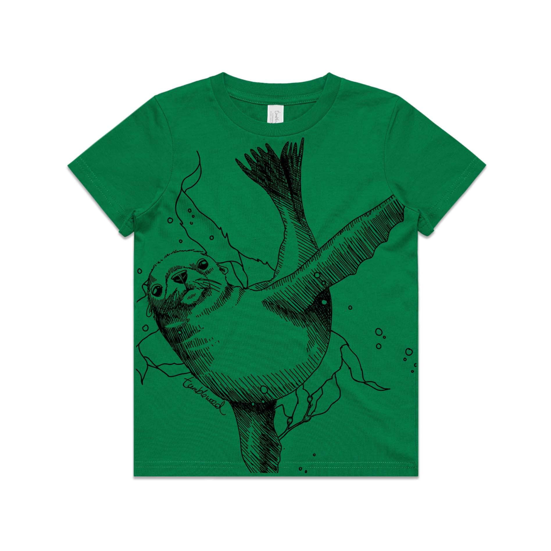 Green, kids’ t-shirt featuring a screen printed New Zealand sea lion design.