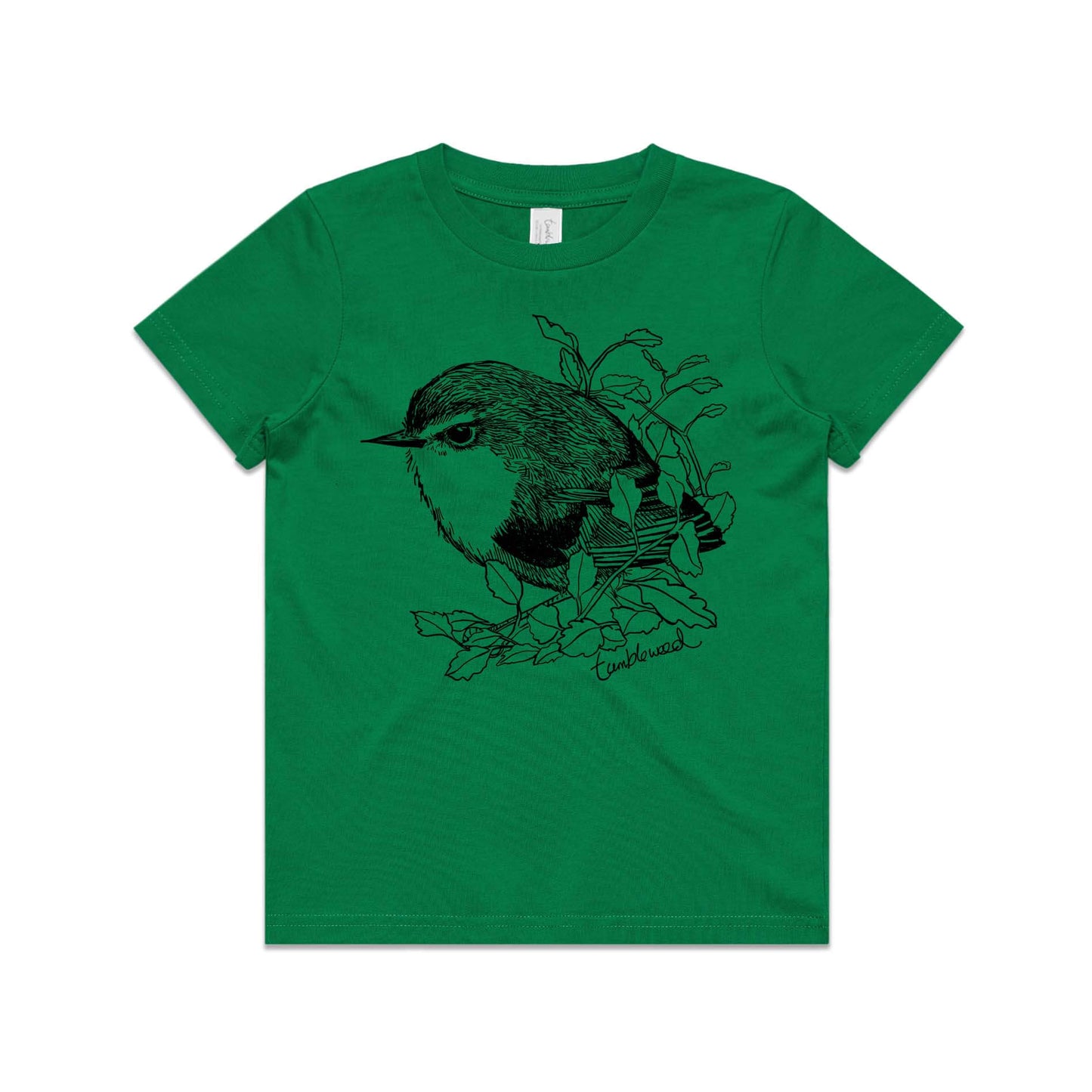 Green, cotton kids' t-shirt with screen printed titipounamu/rifleman design.