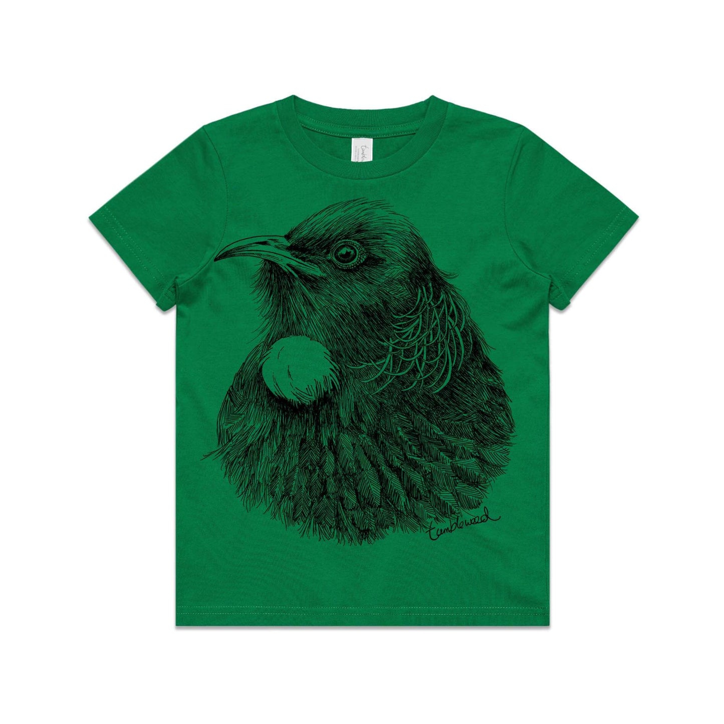 Green, cotton kids' t-shirt with screen printed tui design.