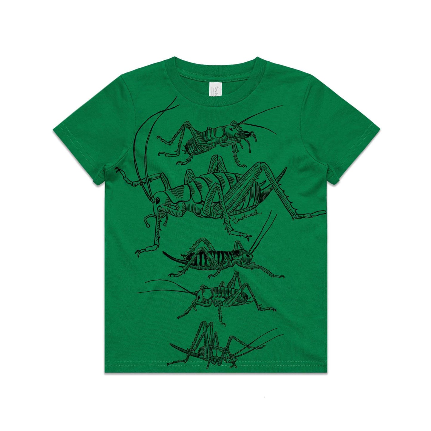 Green, cotton kids' t-shirt with screen printed weta design.