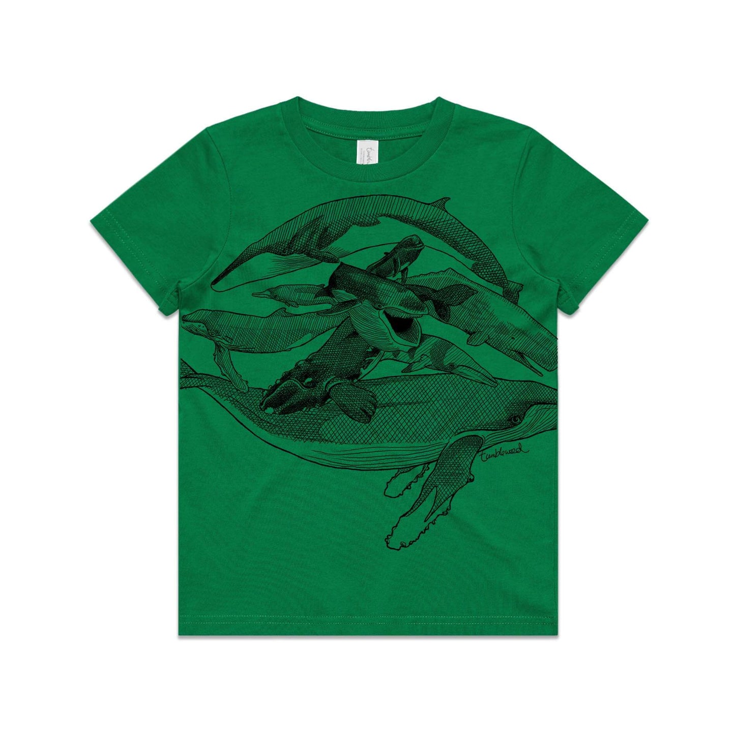 Green, cotton kids' t-shirt with screen printed Kids whales design.