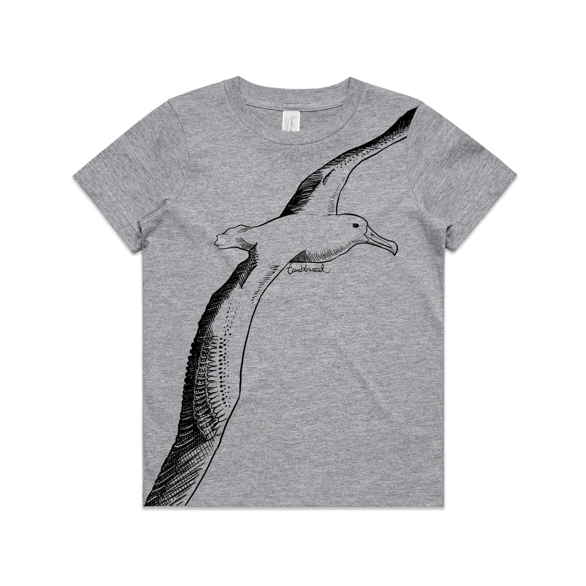 Grey marle, cotton kids' t-shirt with screen printed albatross design.