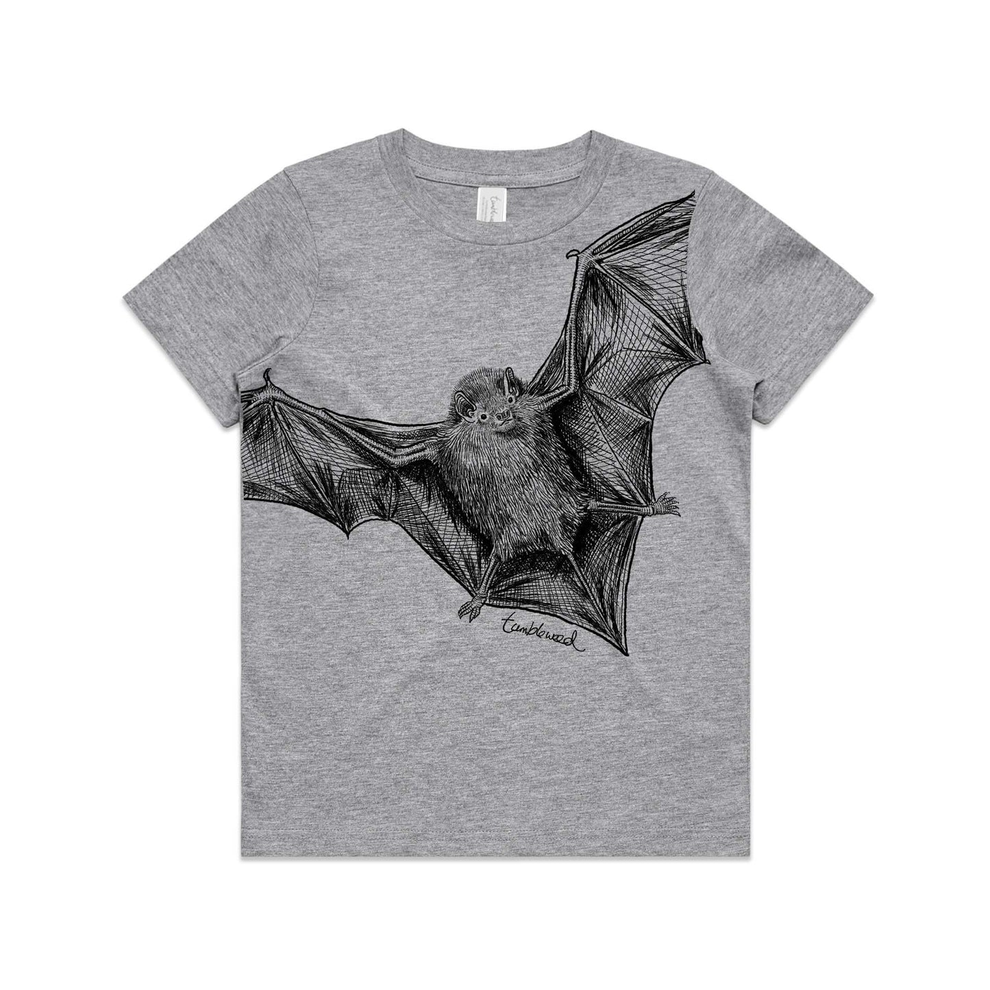 Grey marle, cotton kids' t-shirt with screen printed Kids bat design.