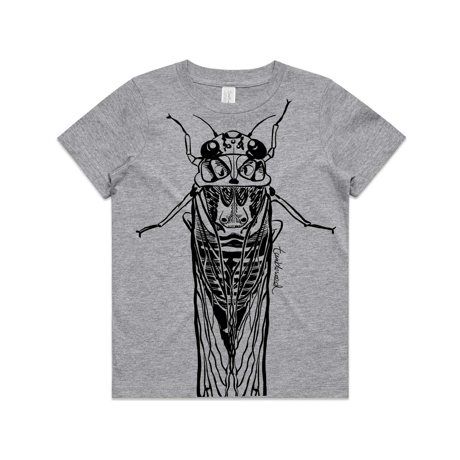 Grey marle, cotton kids' t-shirt with screen printed cicada/kihikihi-wawā design.
