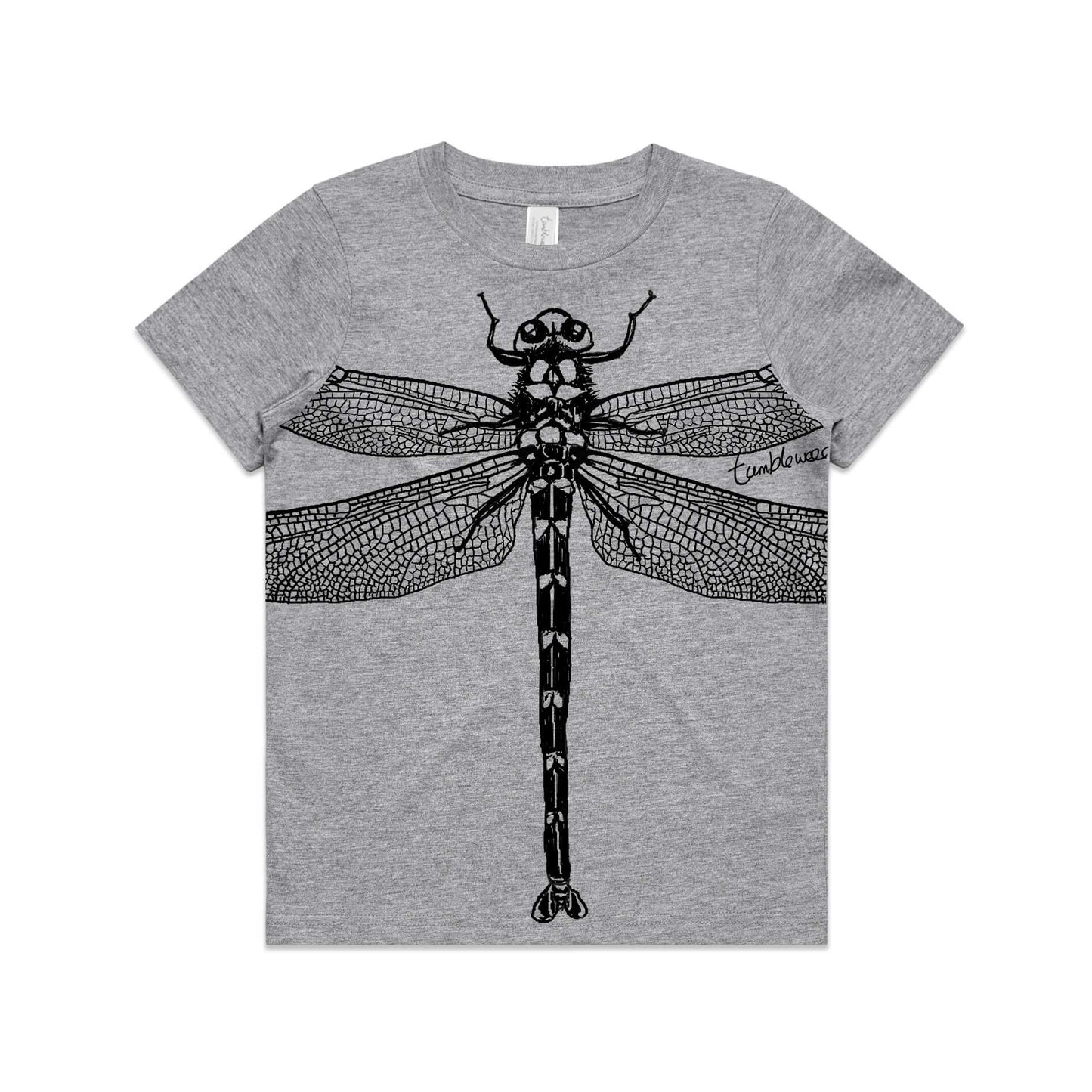 Grey marle, cotton kids' t-shirt with screen printed Kids dragonfly design.
