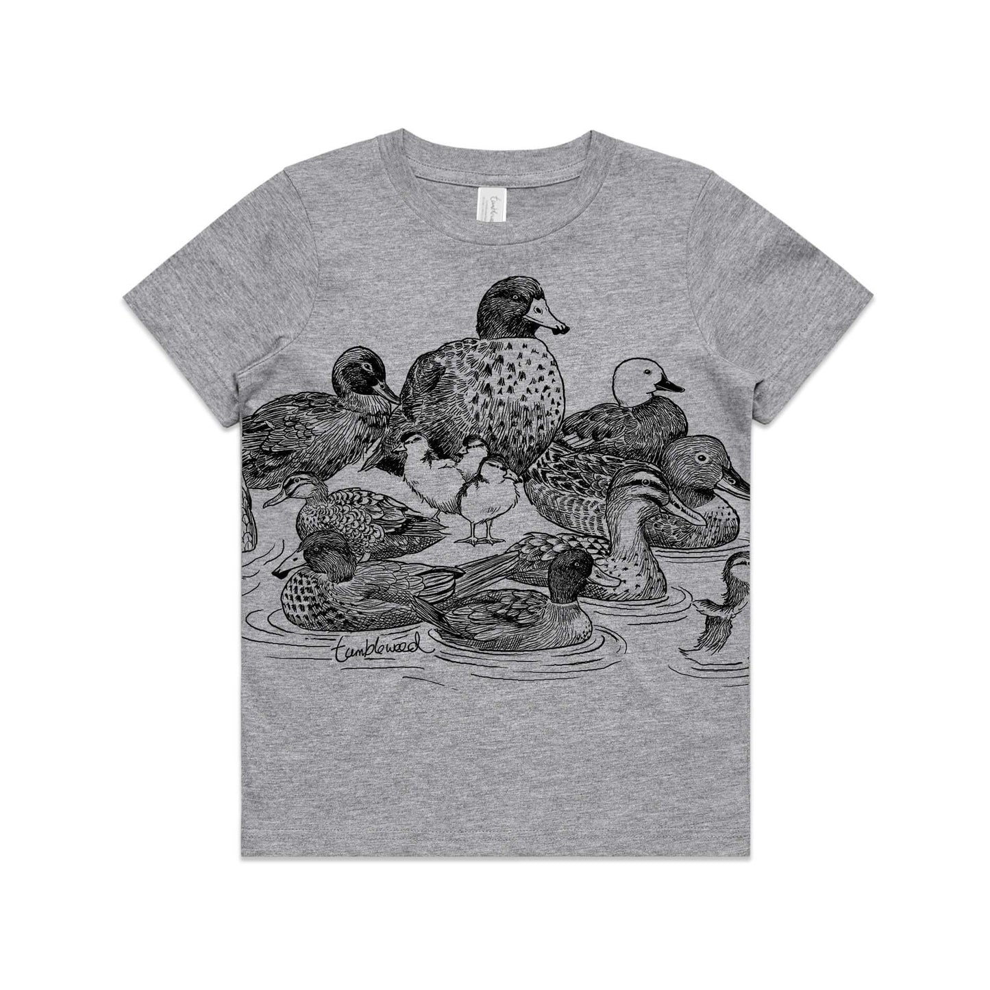 Grey marle, cotton kids' t-shirt with screen printed ducks  design.