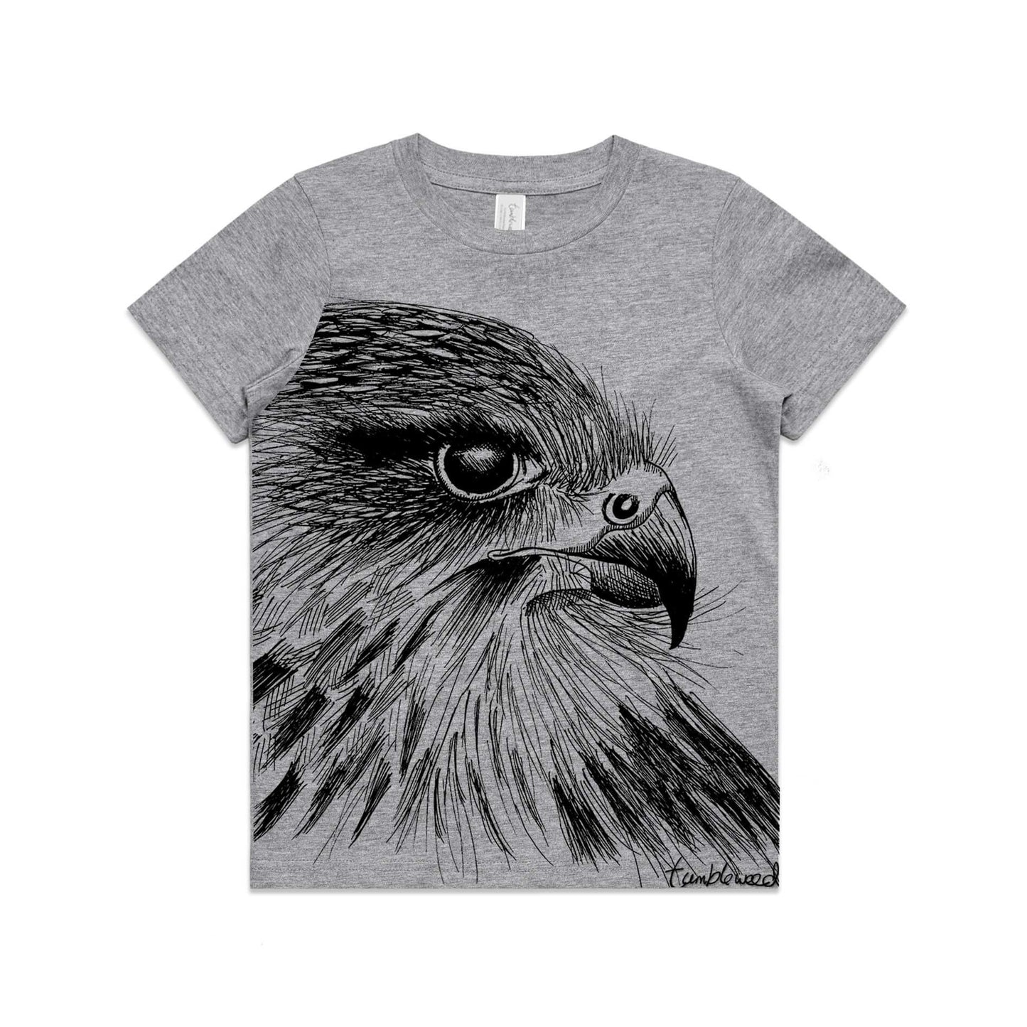 Grey marle, cotton kids' t-shirt with screen printed Kids Karearea/NZ Falcon design.