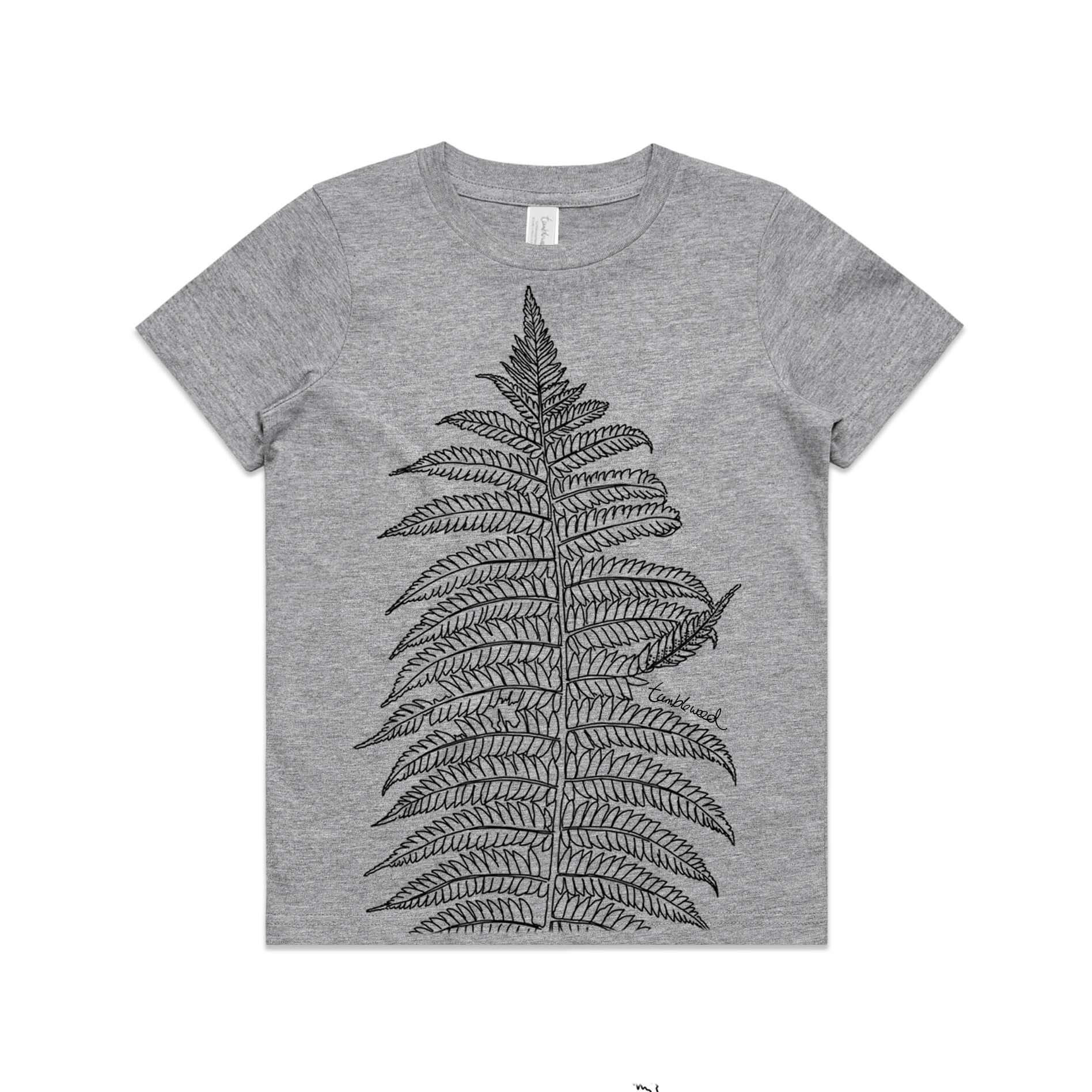 Grey marle, cotton kids' t-shirt with screen printed Silver fern/ponga design.
