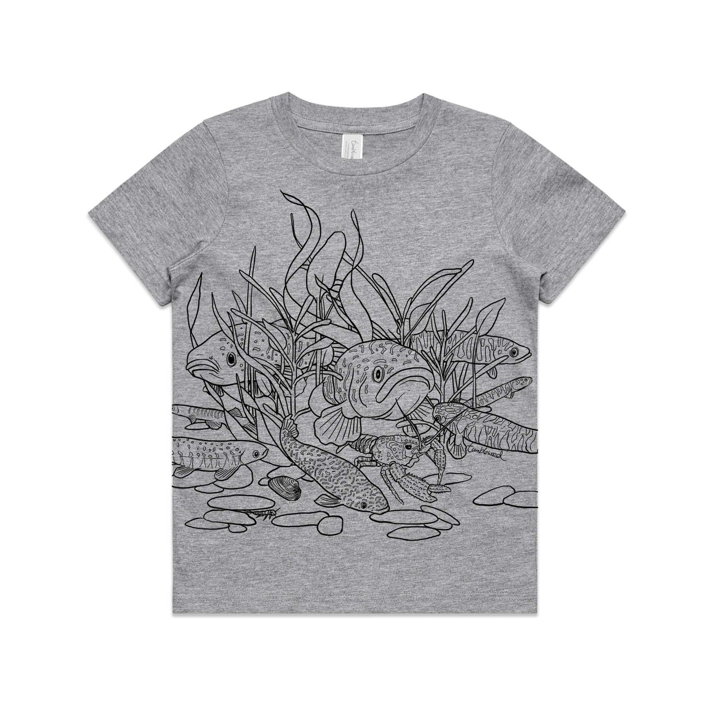 Grey marle, cotton kids' t-shirt with screen printed freshwater fish design.