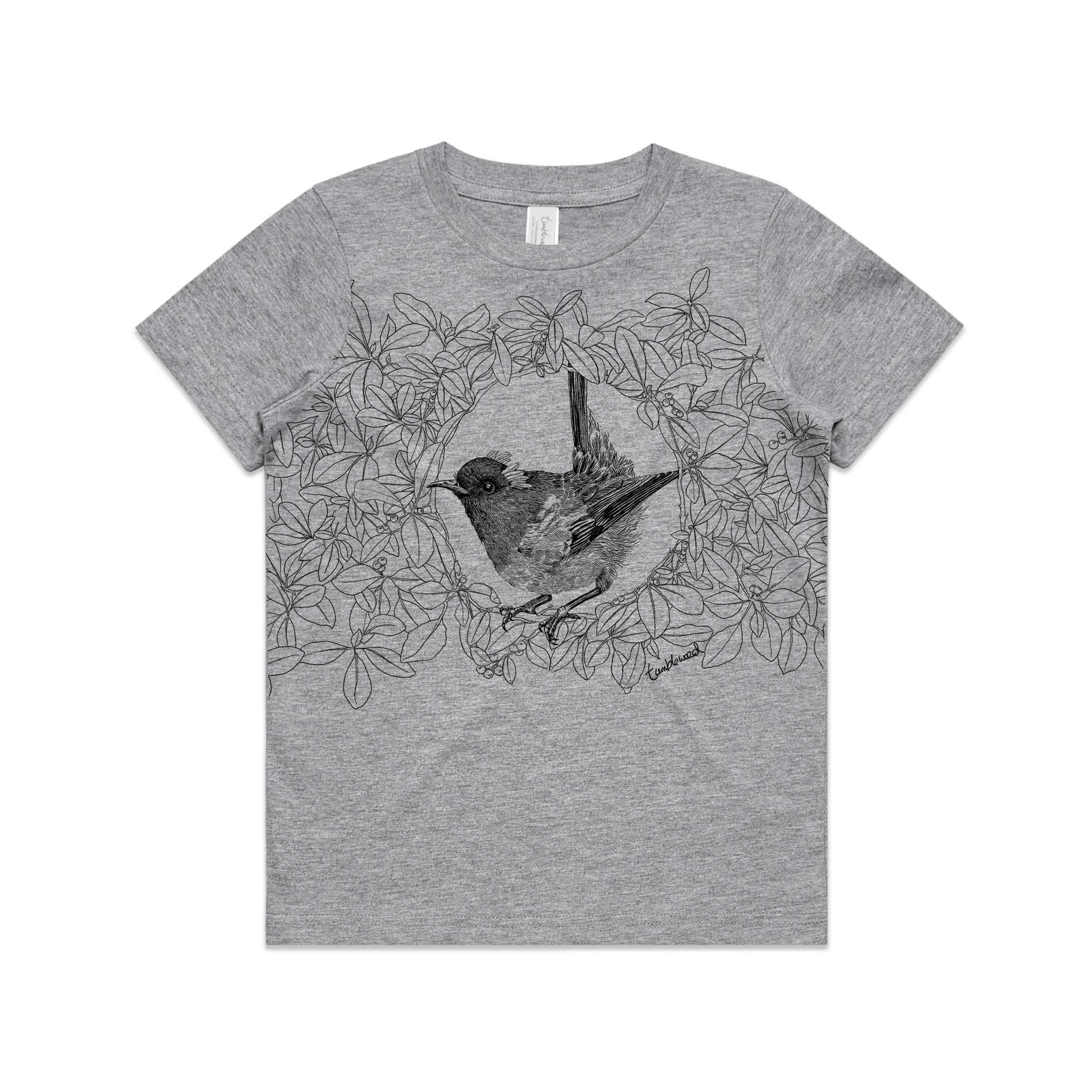 Grey marle, cotton kids' t-shirt with screen printed Kids hihi/stitchbird design.