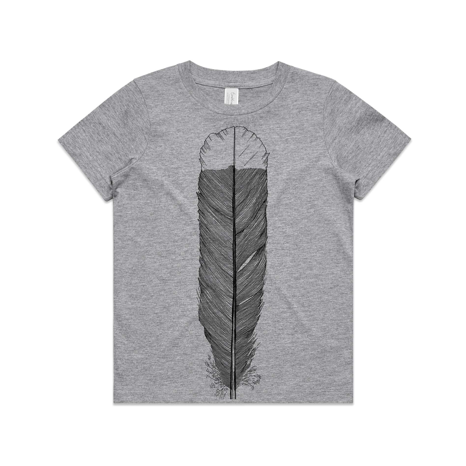 Grey marle, cotton kids' t-shirt with screen printed Kids huia feather design.