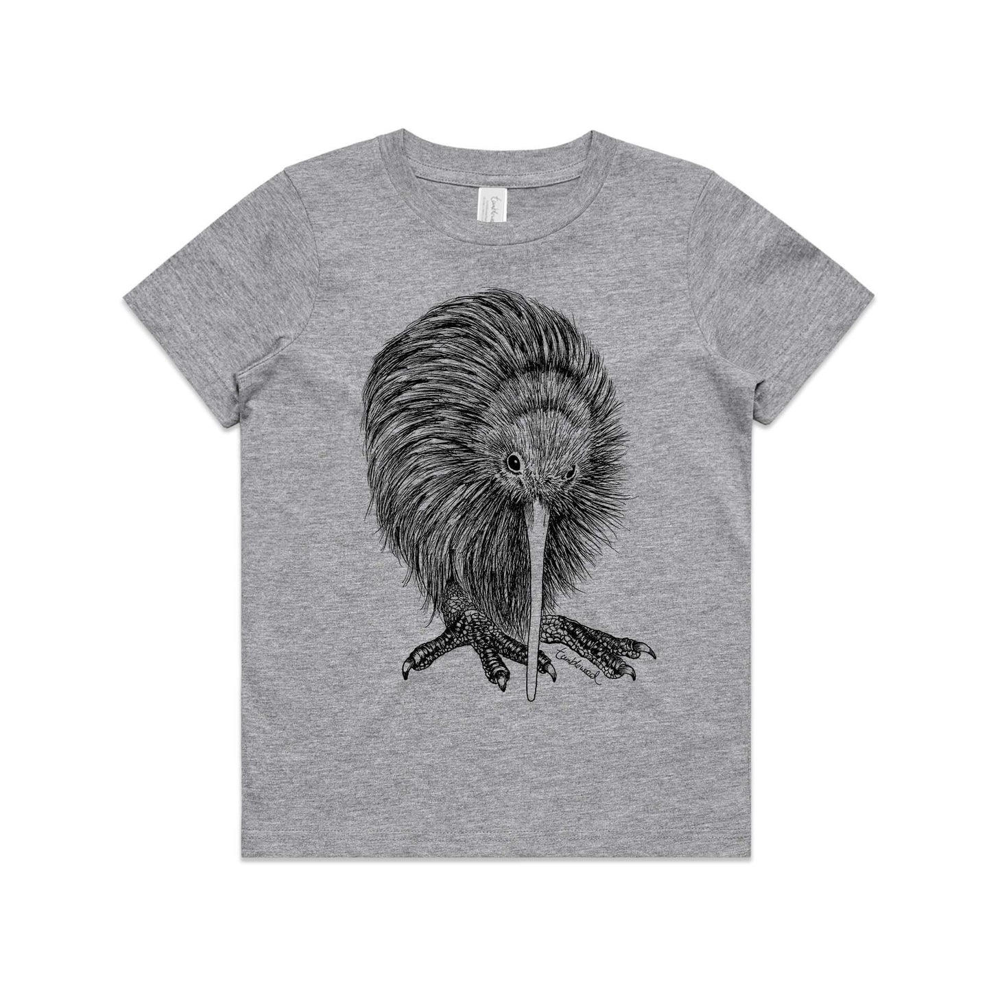 Grey marle, cotton kids' t-shirt with screen printed Kids kiwi design.