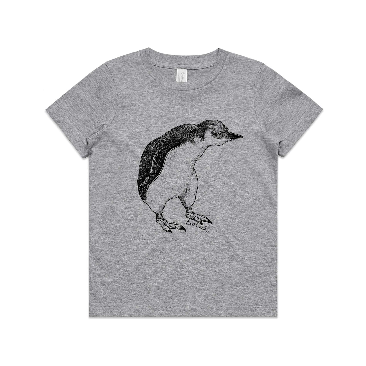 Grey marle, cotton kids' t-shirt with screen printed Kids little penguin design.
