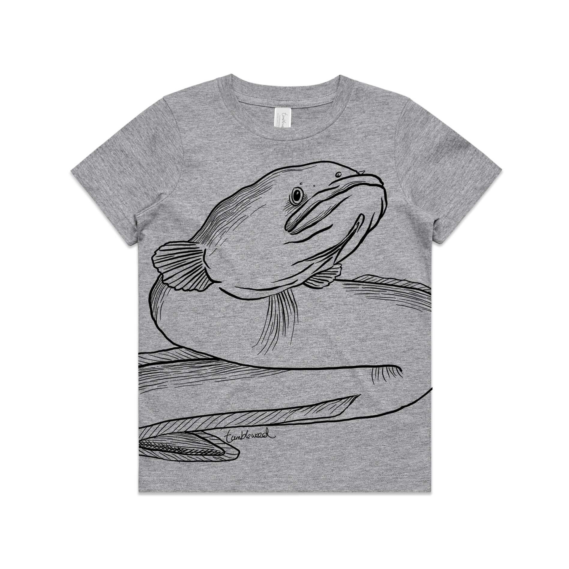 Grey marle, cotton kids' t-shirt with screen printed Long fin eel/tuna design.