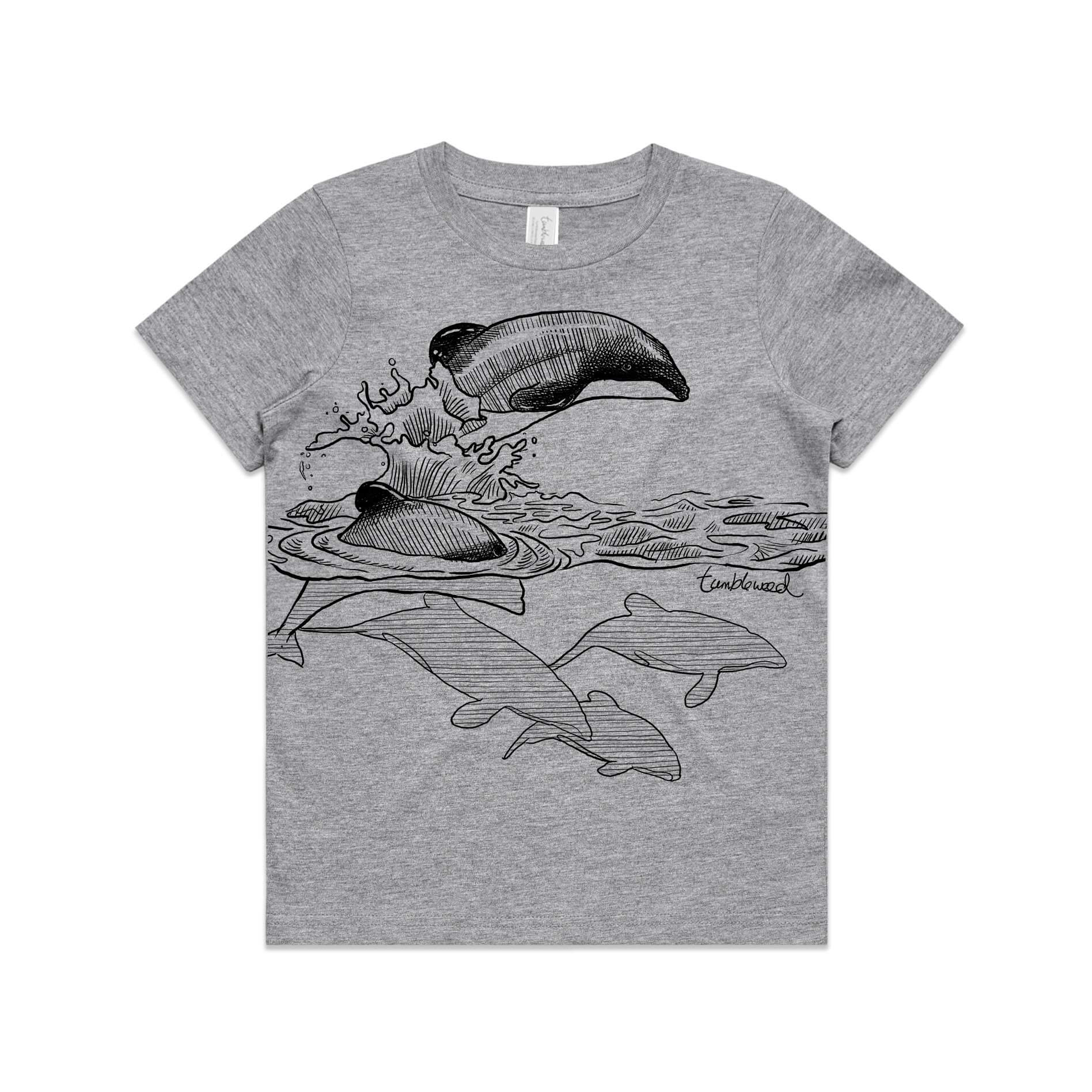 Grey marle, cotton kids' t-shirt with screen printed ducks maui dolphin design.