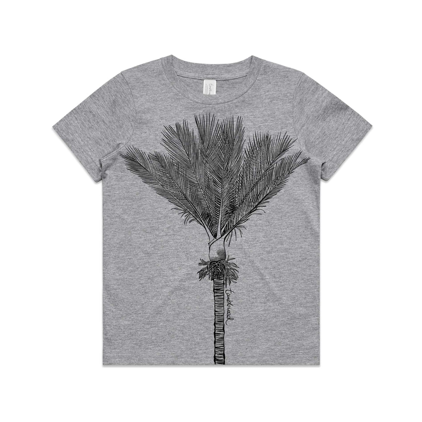 Grey marle, cotton kids' t-shirt with screen printed nīkau design.