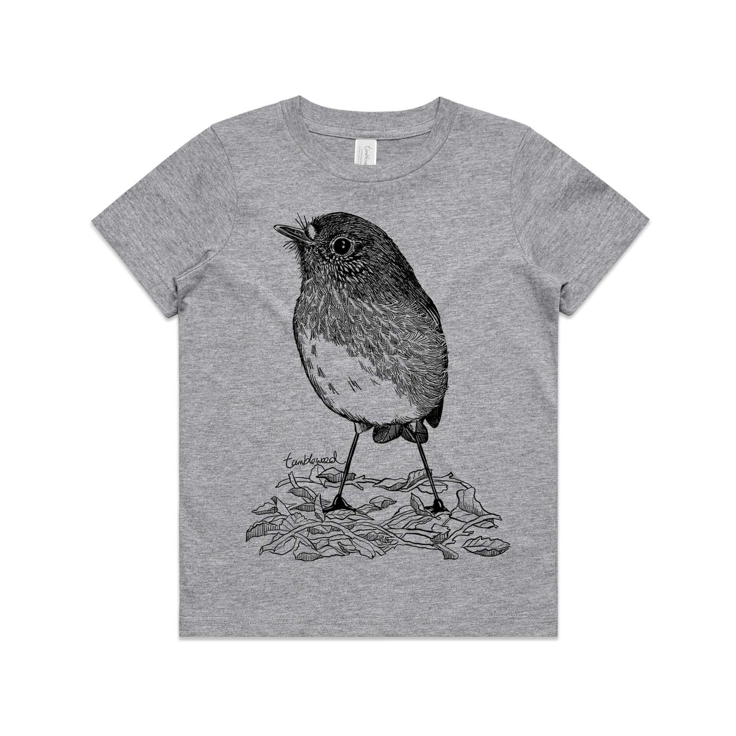 Grey marle, cotton kids' t-shirt with screen printed North Island robin/toutouwai design.