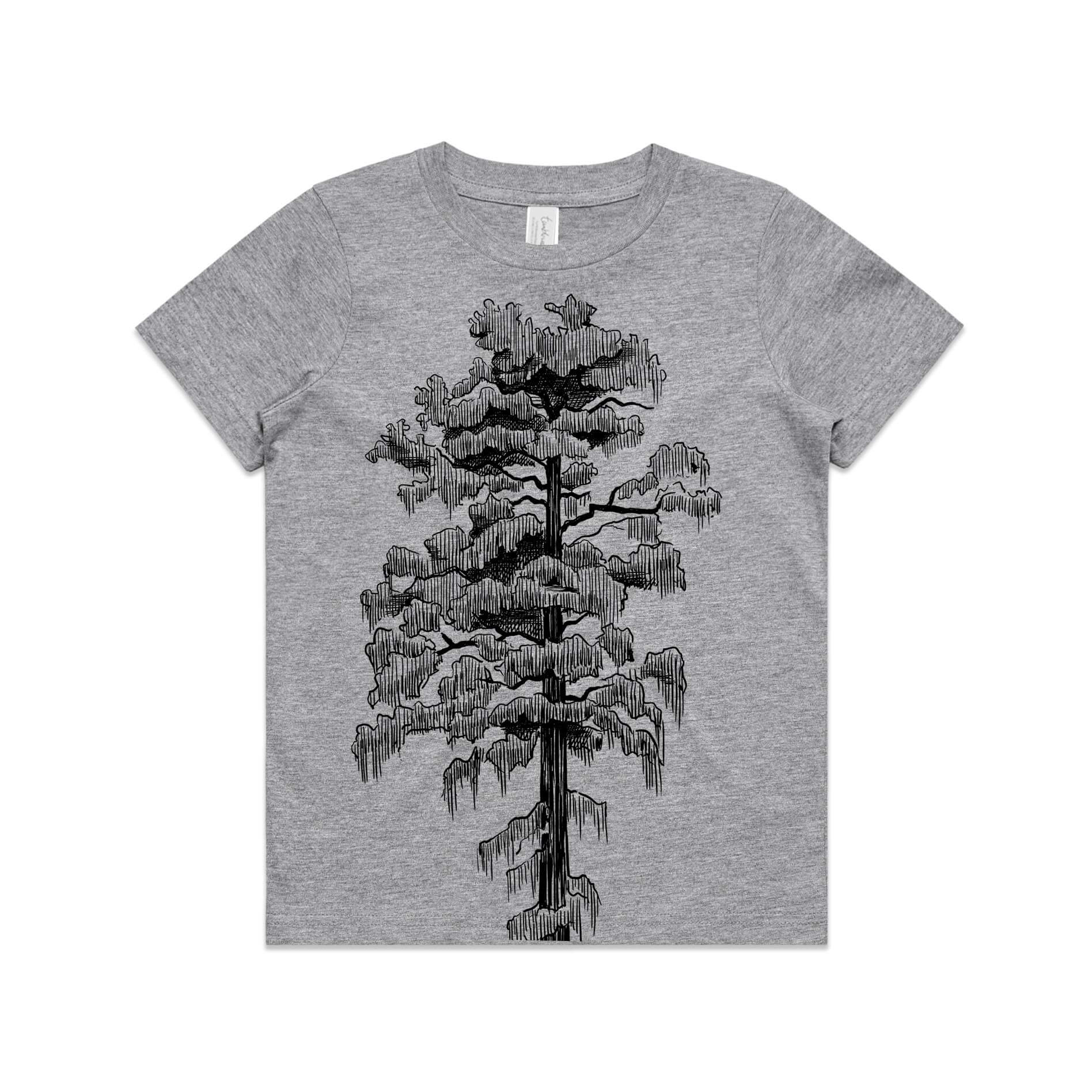 Grey marle, cotton kids' t-shirt with screen printed rimu design.