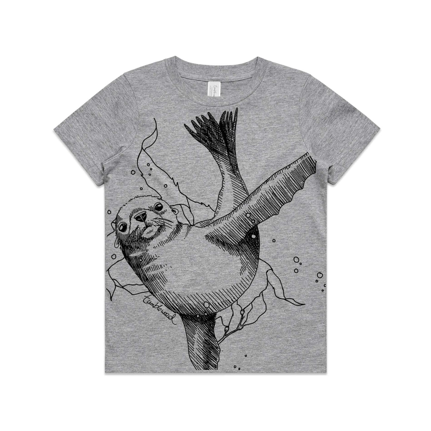 Grey, kids’ t-shirt featuring a screen printed New Zealand sea lion design.