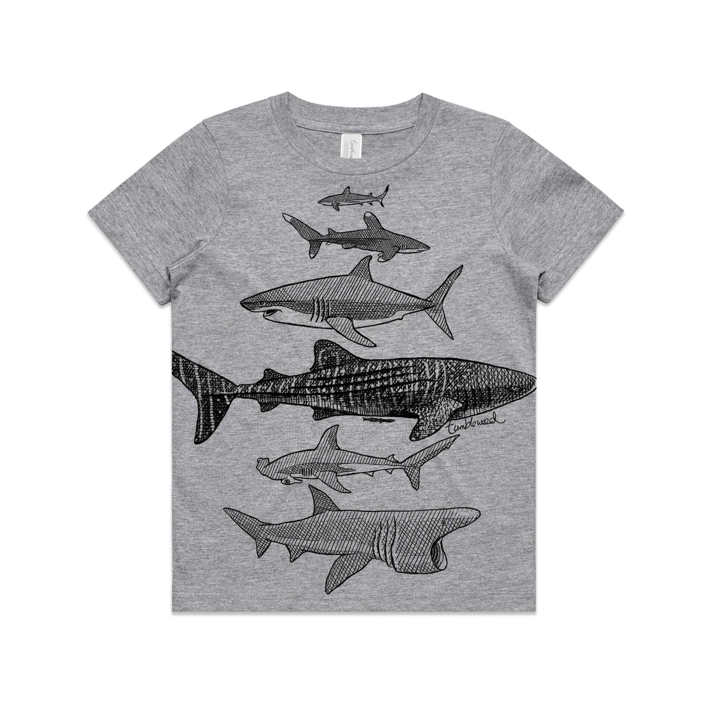 Grey marle, cotton kids' t-shirt with screen printed Kids shark design.