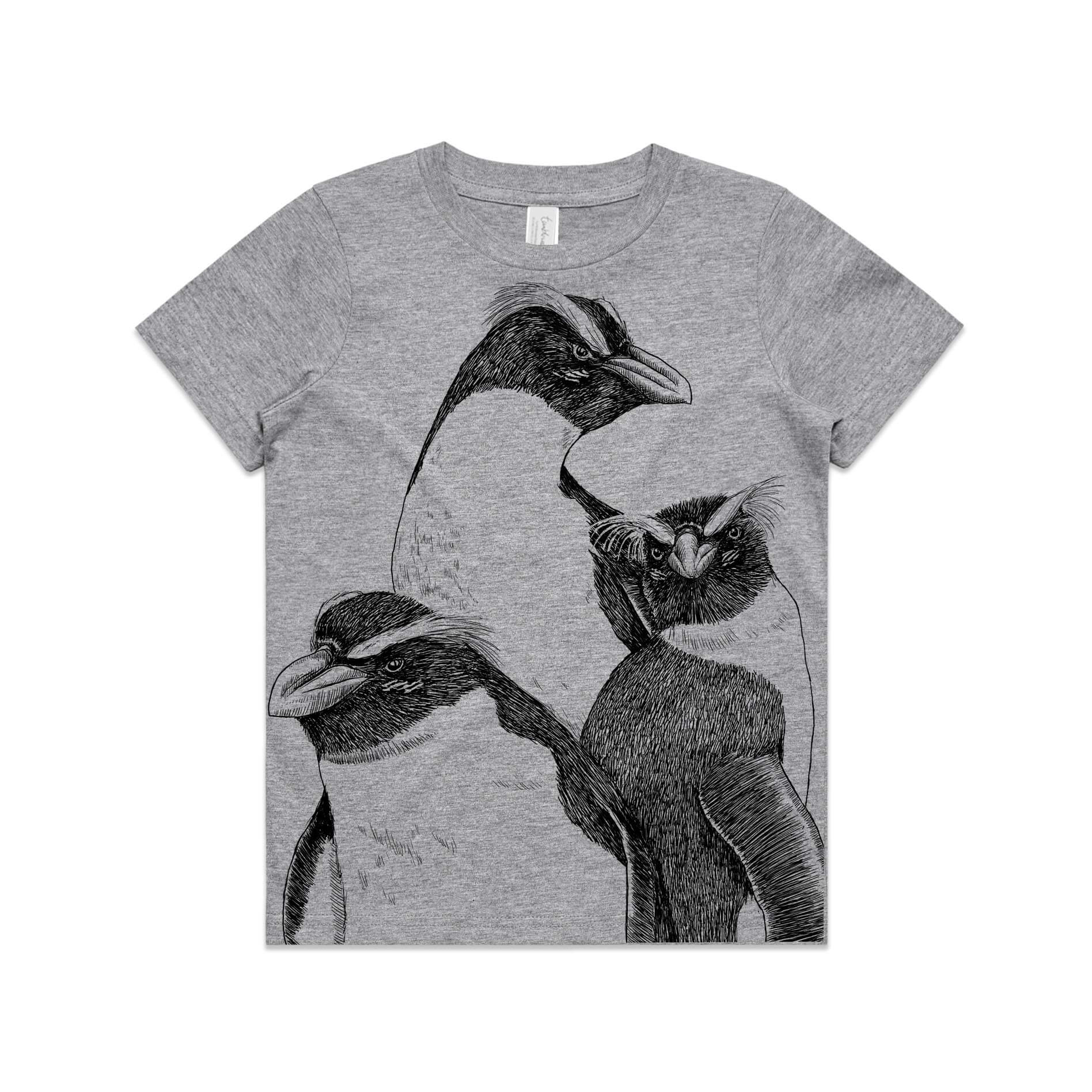 Grey marle, cotton kids' t-shirt with screen printed Kids tawaki/fiordland crested penguin design.