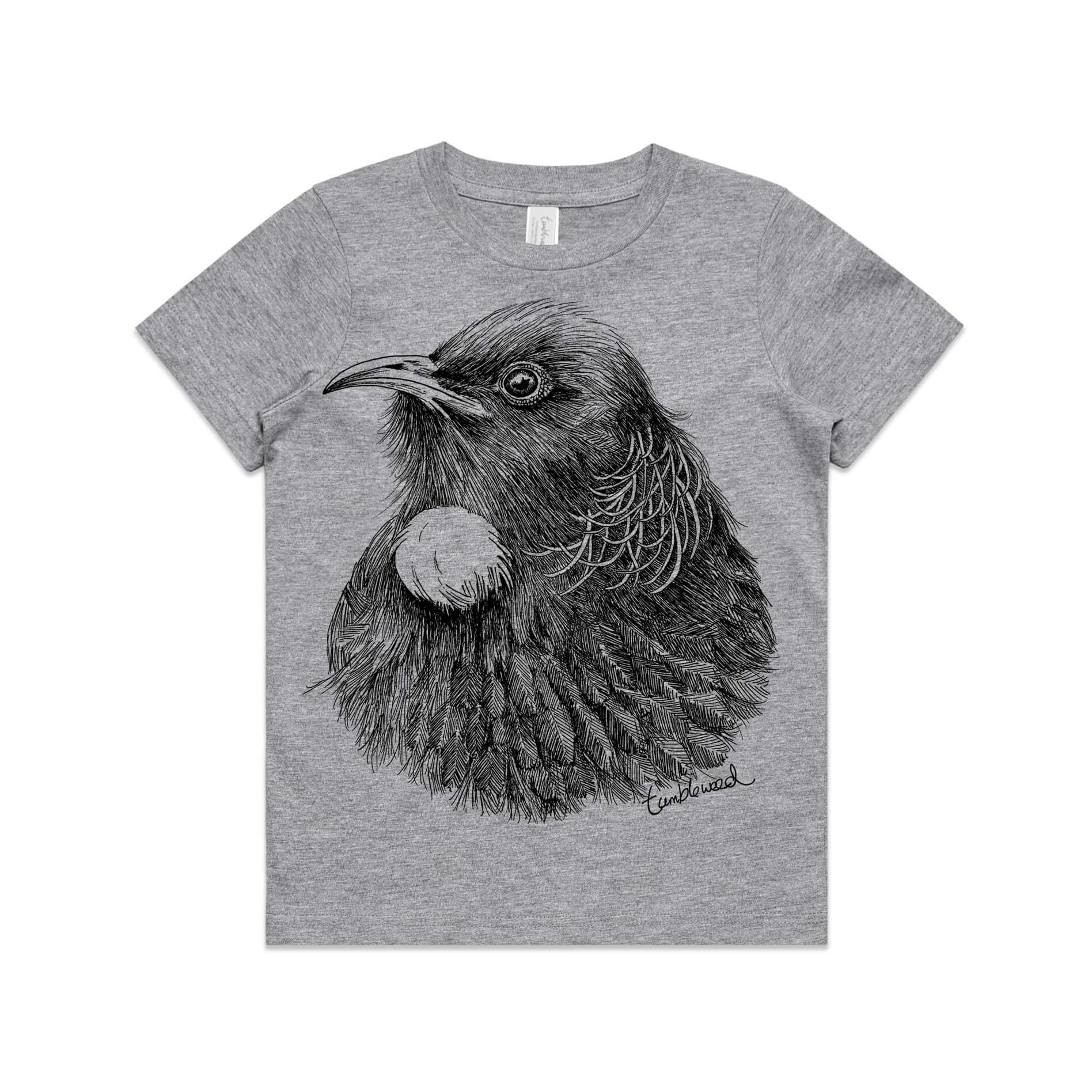 Grey Marle, cotton kids' t-shirt with screen printed tui design.