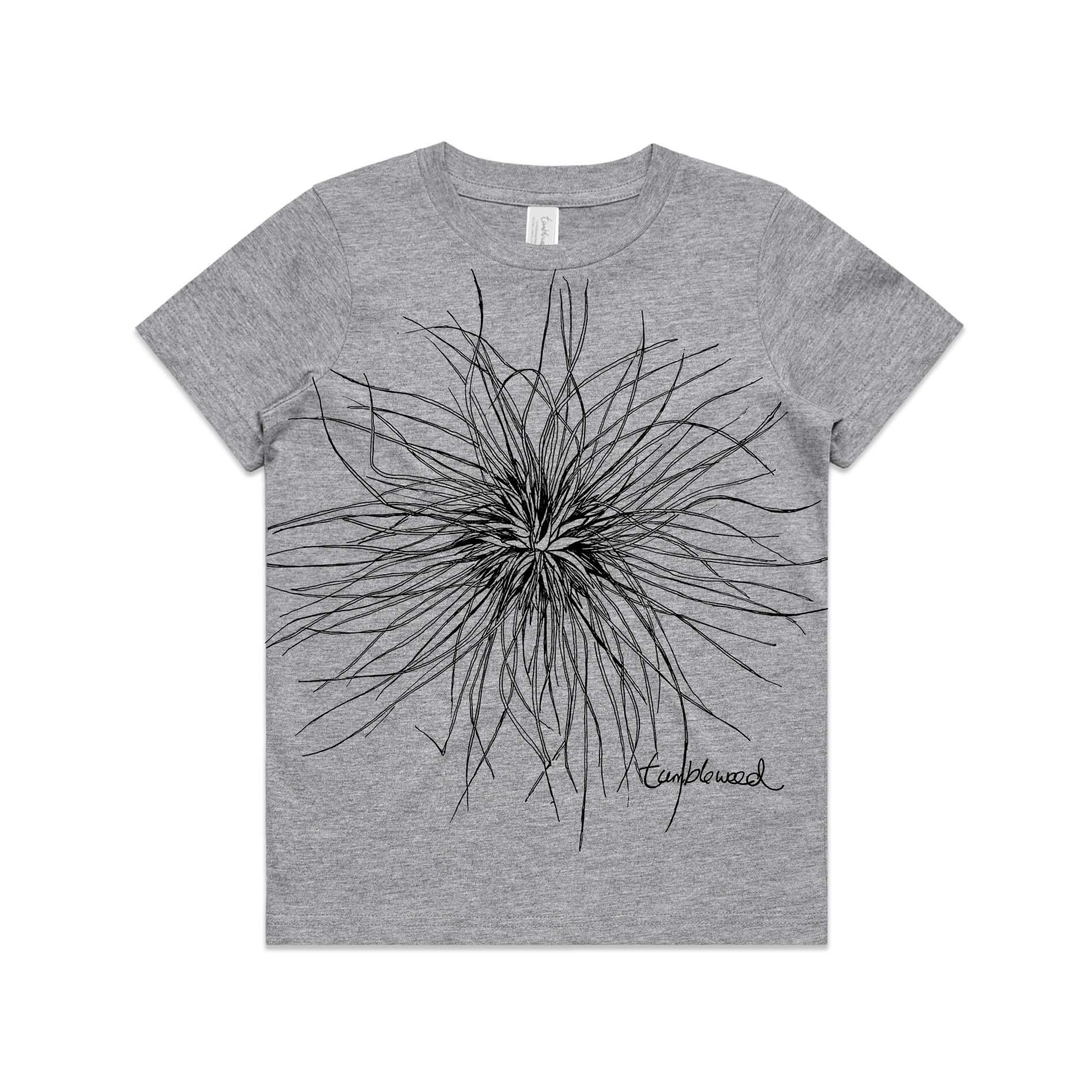 Grey marle, cotton kids' t-shirt with screen printed Kids tumbleweed/spinifex design.